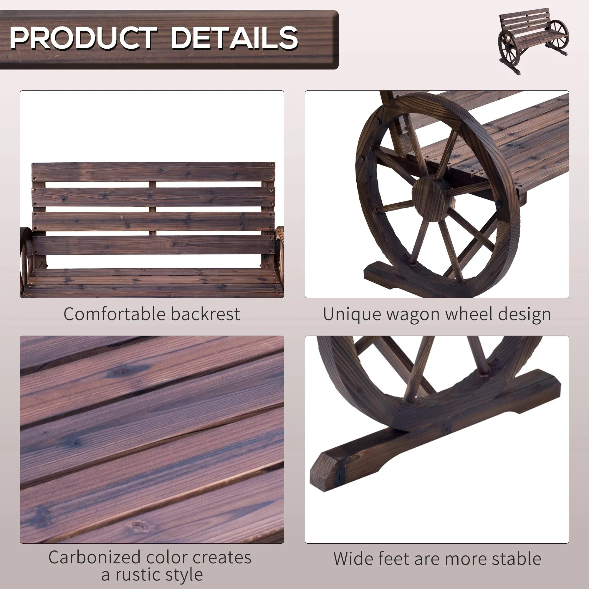 Outsunny Wooden Wagon Wheel Bench, 2-Person, Fir Wood, Carbonized, 41.5in L x 23.25in W x 29.5in H - 84B-183 - Image 6 Outsunny Wooden Wagon Wheel Bench, 2-Person, Fir Wood, Carbonized, 41.5in L x 23.25in W x 29.5in H - 84B-183 - Image 6