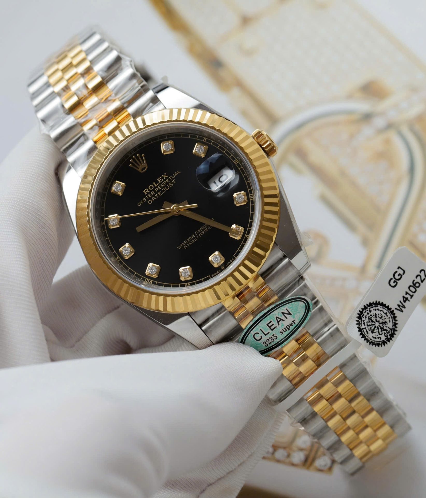 Rolex DateJust Replica Watches Black Dial Moissanite Diamonds Clean Factory 41mm - Elite Watch Atelier