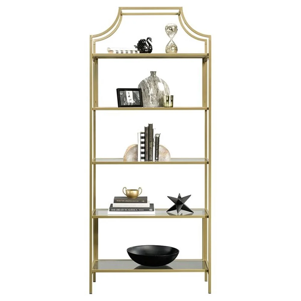 Pemberly Row 5-Shelf Modern Metal Bookcase in Gold Satin/Faux Deco Stone - Image 23