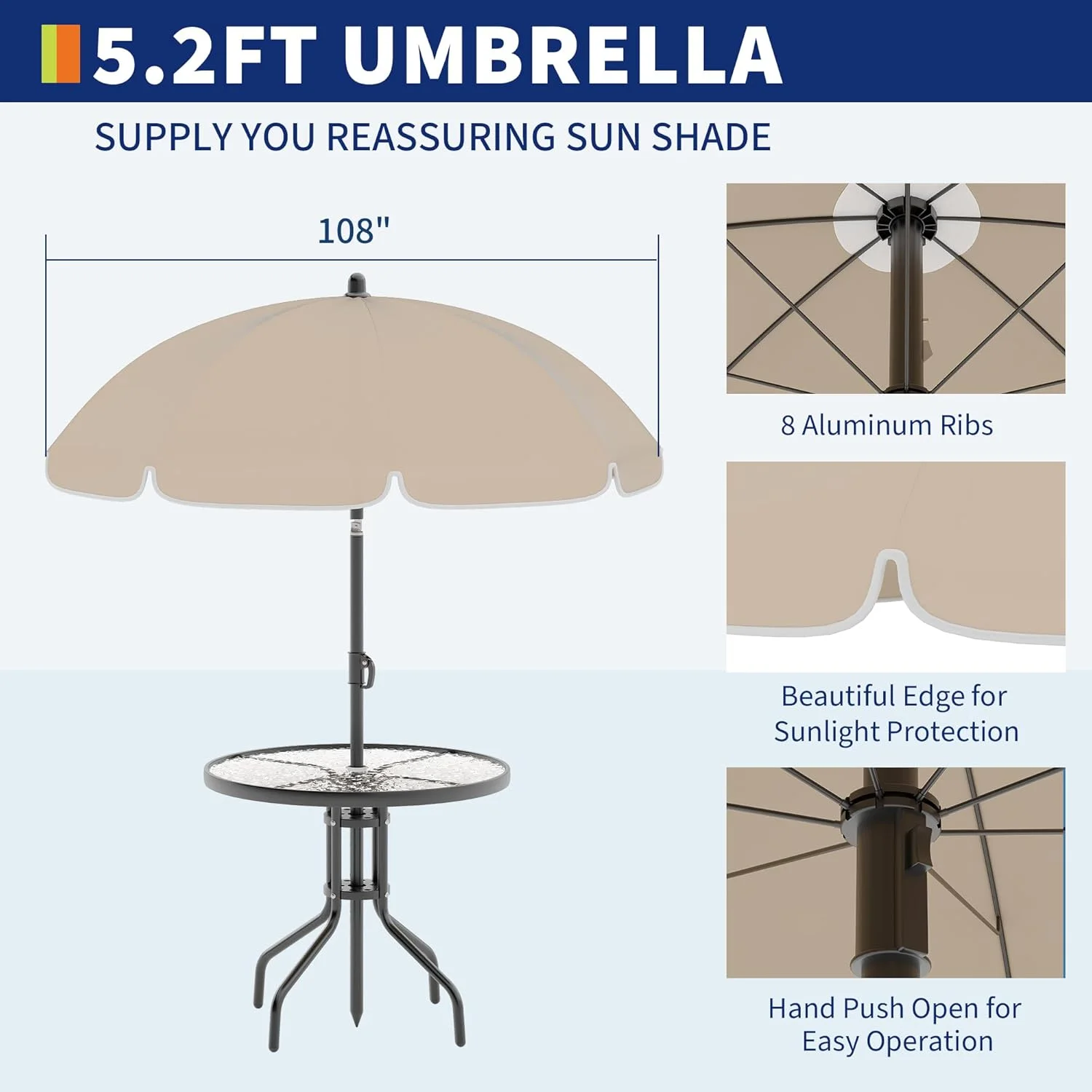 6 Pieces Outdoor Dining Set With Umbrella, Patio Table and 4 Folding Chairs With Umbrella, Garden Patio Furniture Set With Umbrellas, Tempered Glass Top Dining Table - Image 19