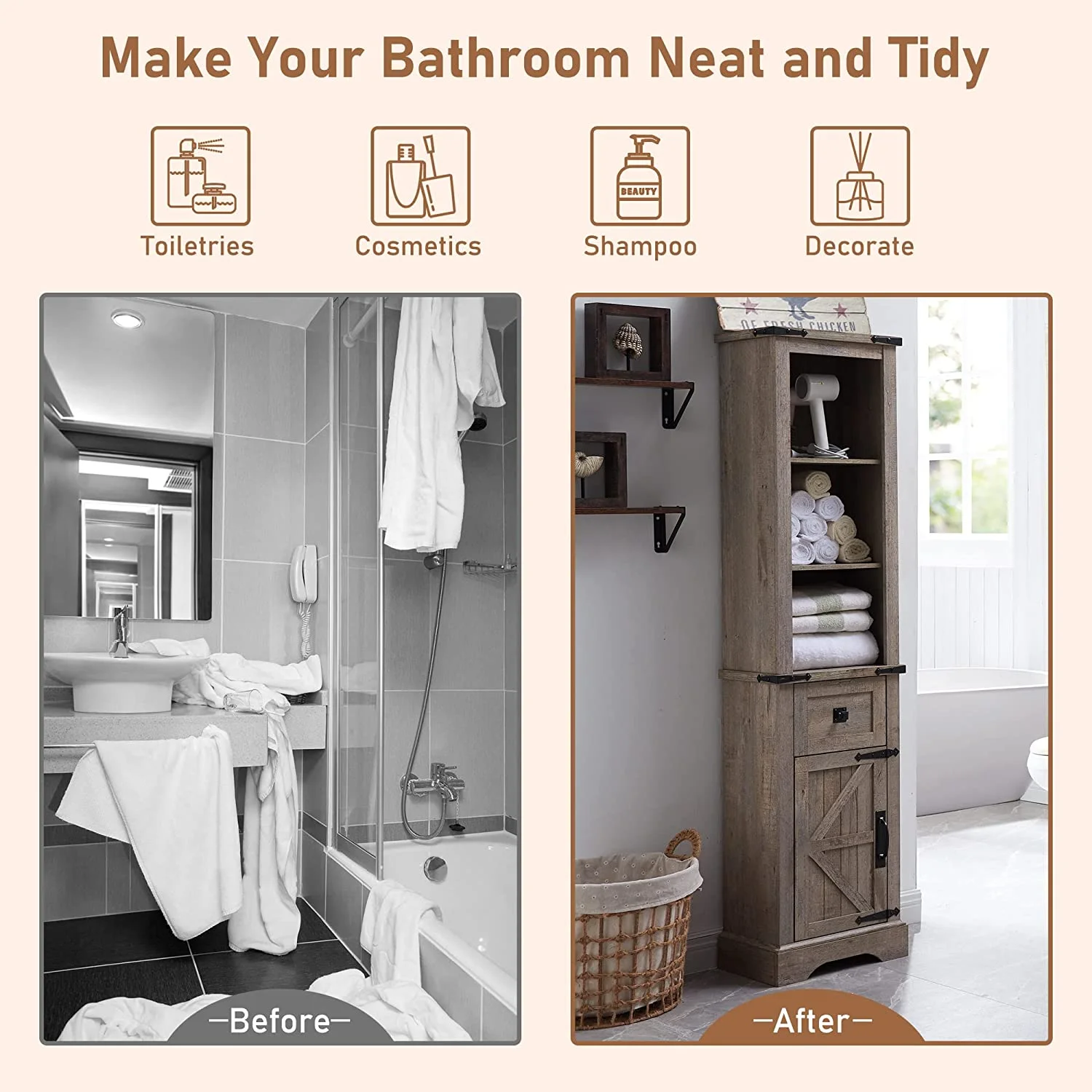 OKD Farmhouse Bathroom Organizers and Storage, Narrow Tall Cabinet Storage Tower with Door and Drawer, Light Rustic Oak