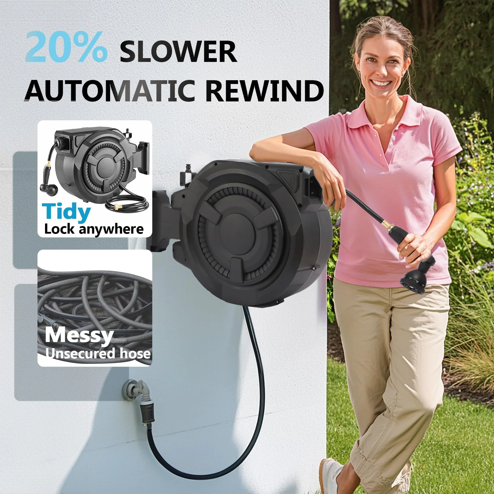 Wall-Mounted Retractable Garden Hose Reel With 100 ft 1/2 Inch Hose And 180 Degree Swivel - Image 8 Wall-Mounted Retractable Garden Hose Reel With 100 ft 1/2 Inch Hose And 180 Degree Swivel - Image 8
