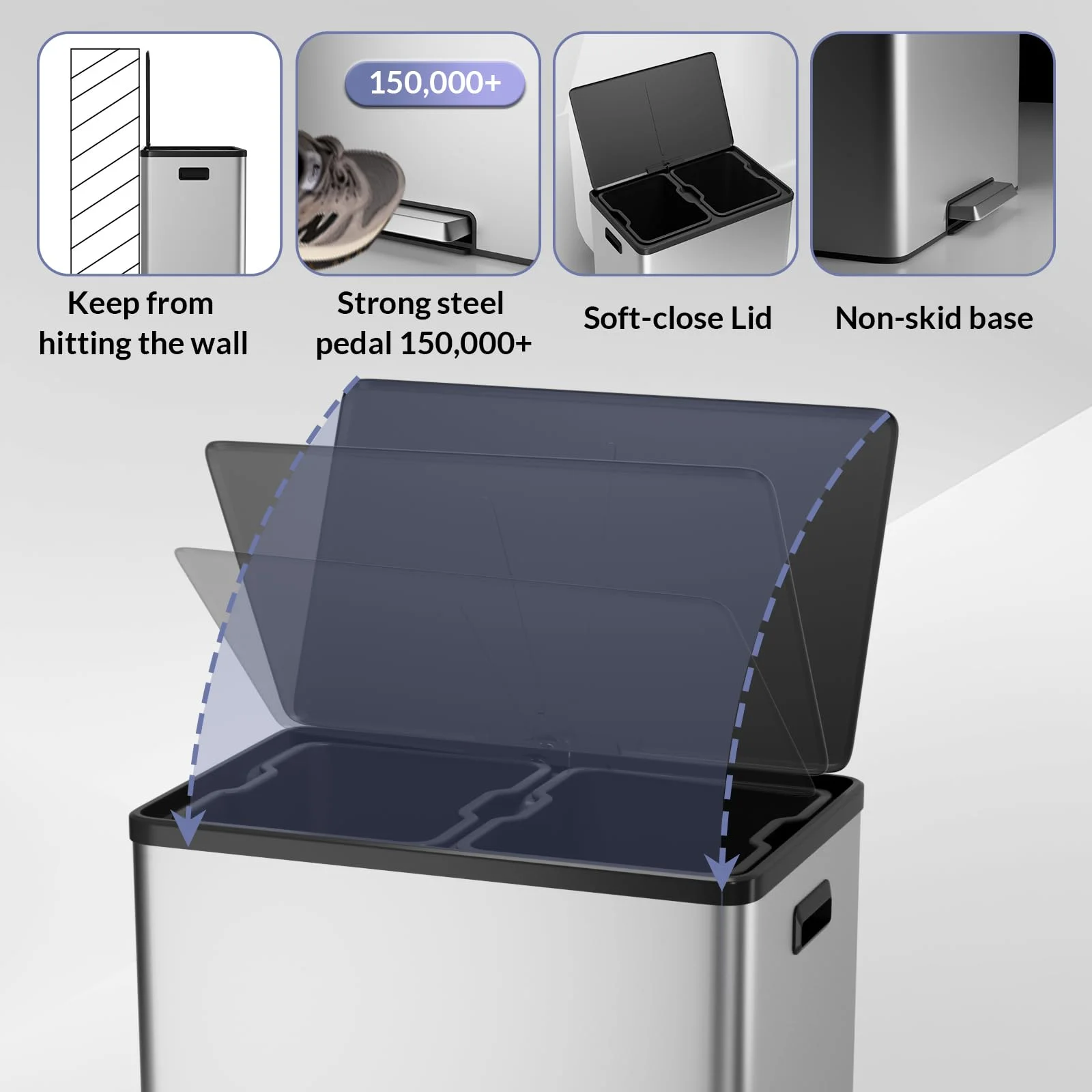 JoanKaren 16 Gallon Stainless Steel Dual Compartment Step Kitchen Trash Can with Lid & 2 Removable Wastebaskets,Kitchen Garbage Can & Recycling Bin,Black - Image 11