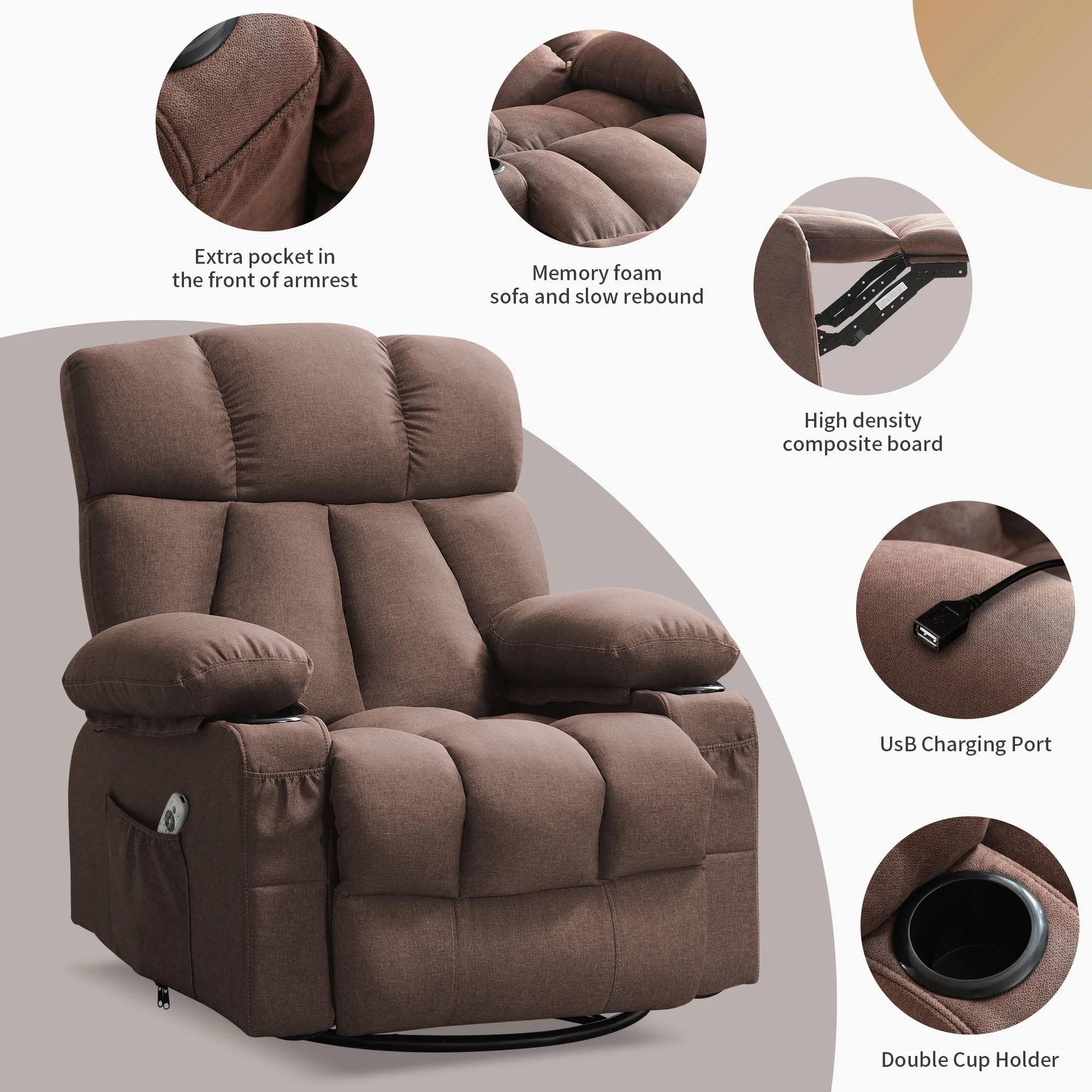 JONPONY Manual Recliner Chair with Heat Therapy and Massage Function, Heavy Duty Reclining Mechanism Massage Chair, Elderly Single Rocker Sofa with Cup Holders for Bedroom Home Theater,Grey - Image 83