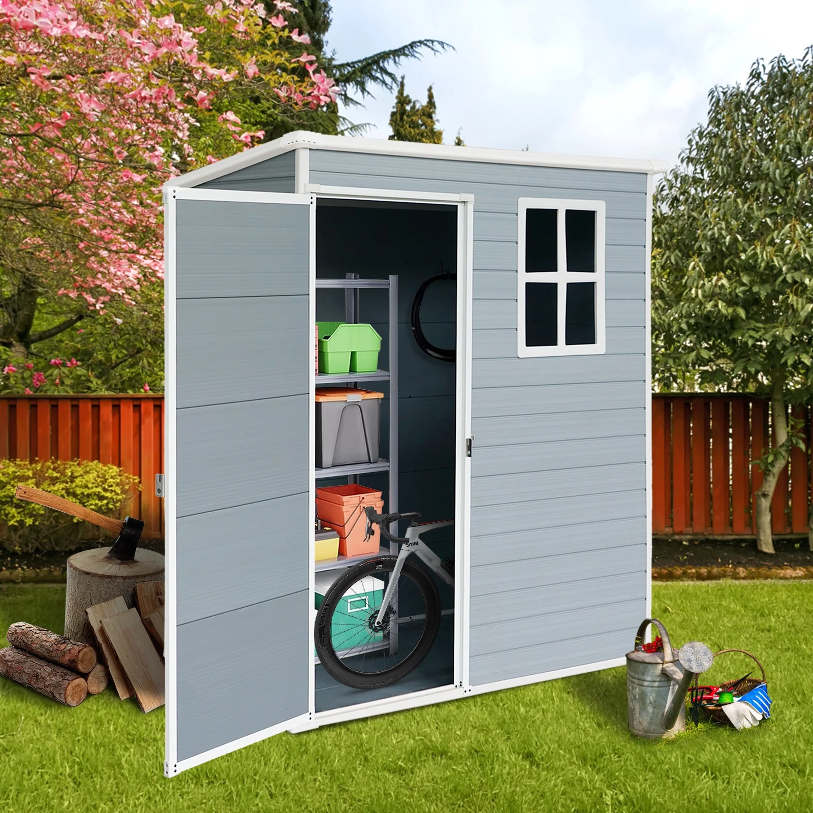 5'��3' Outdoor Storage Shed, Resin Storage Cabinet, Garden Tool Shed with Double Lockable Doors, Organizer Cabinet for Patio Yard, Gray - Image 6