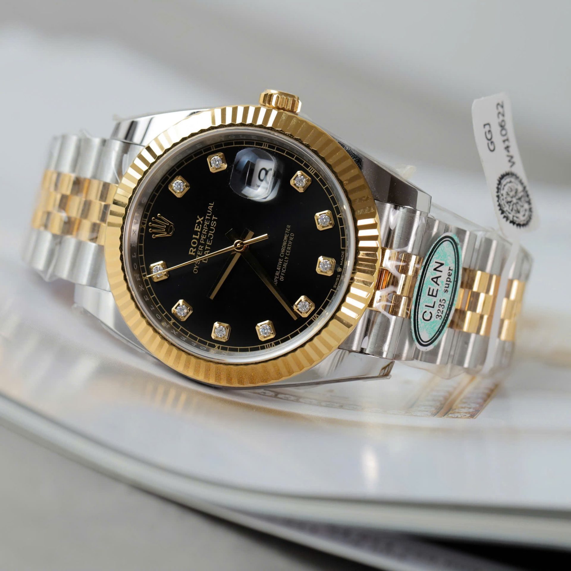 Rolex DateJust Replica Watches Black Dial Moissanite Diamonds Clean Factory 41mm - Elite Watch Atelier