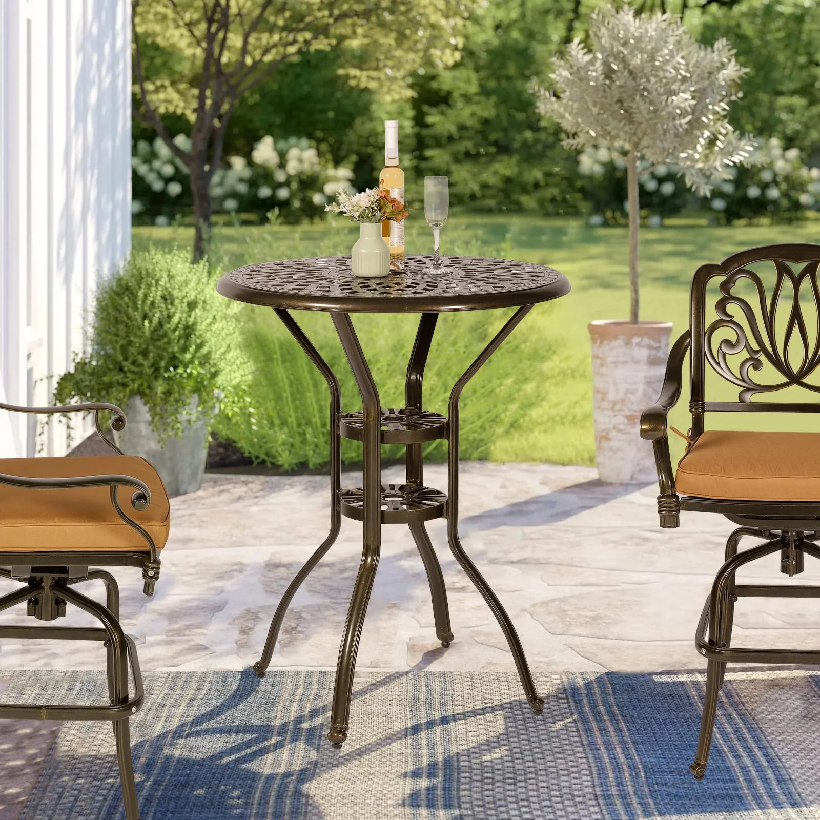 VIVIJASON 30.8" Round Cast Aluminum Patio Bar Table with Umbrella Hole, Antique Bronze - Image 7