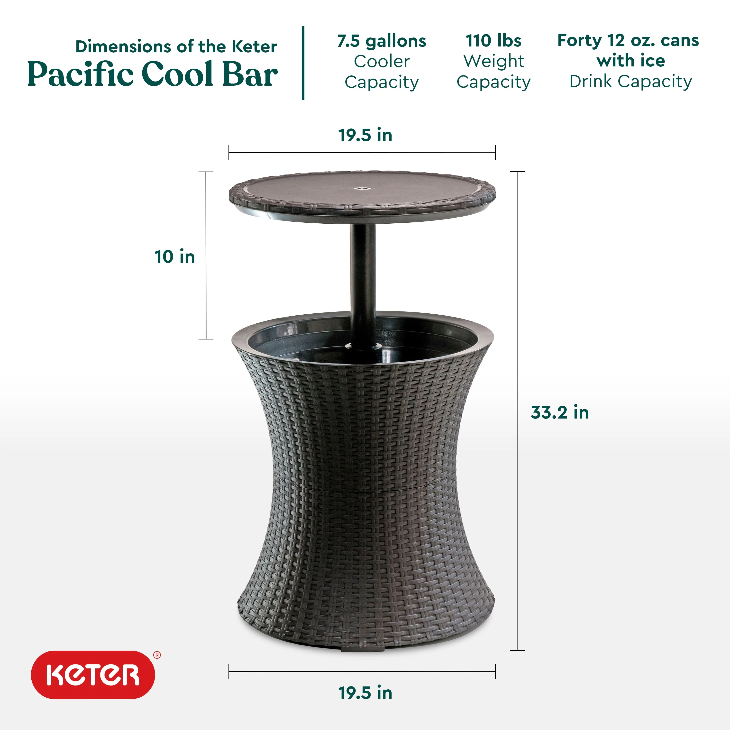 Keter Pacific 7.5 Gallon Cool Bar 2 in 1 Weather Resistant Side Table and Bar Durable Resin Outdoor Patio Beverage Cooler Table, Rattan Look Brown