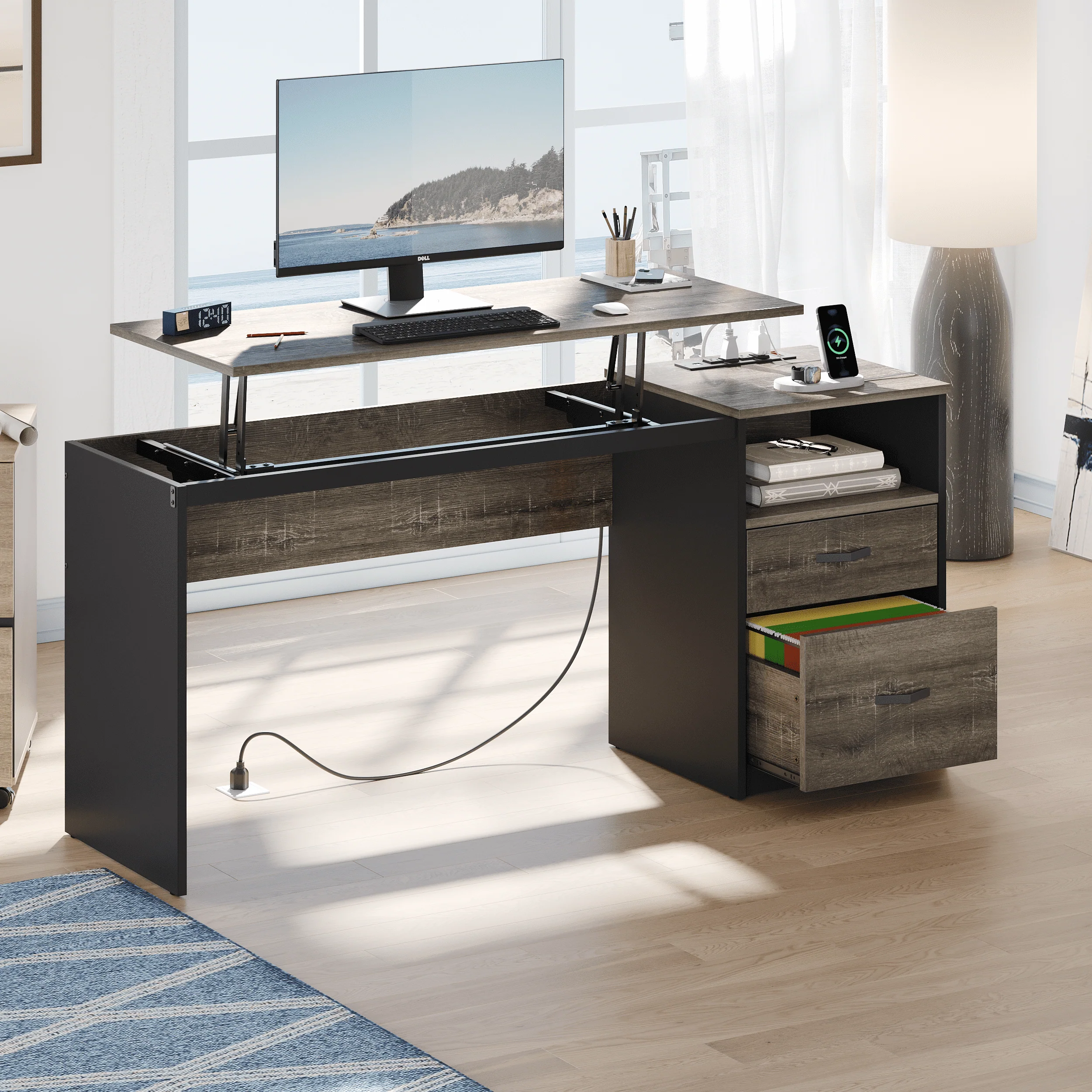 Bestier Computer Desk with Drawers Power Outlet 60" Office Desk Lift Top Desk, Gray - Image 4