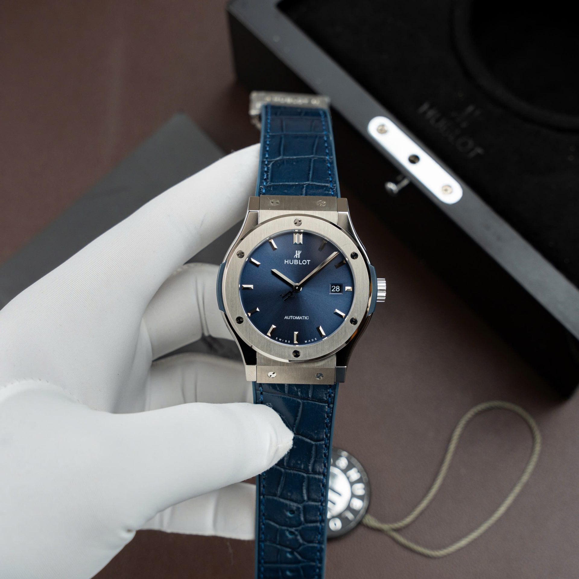 Hublot Classic Fusion Titanium Blue Replica Watches Movement SW300 Crocodile Leather Strap 42mm - Elite Watch Atelier