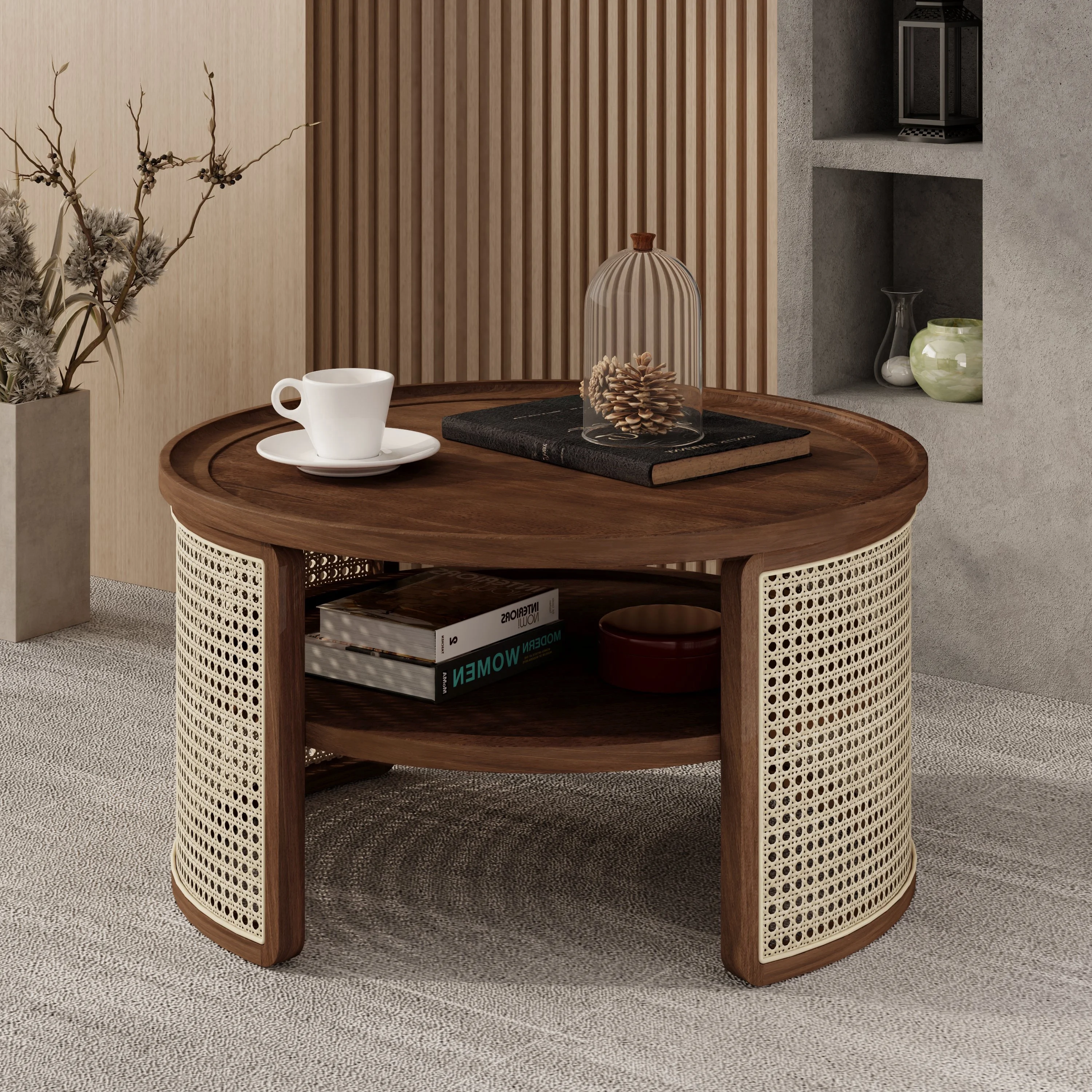 Harper & Bright Designs Rattan Round Coffee Table with Storage Shelf, Round Cane Wood Center Table for Living Room, 37'' Brown - Image 26