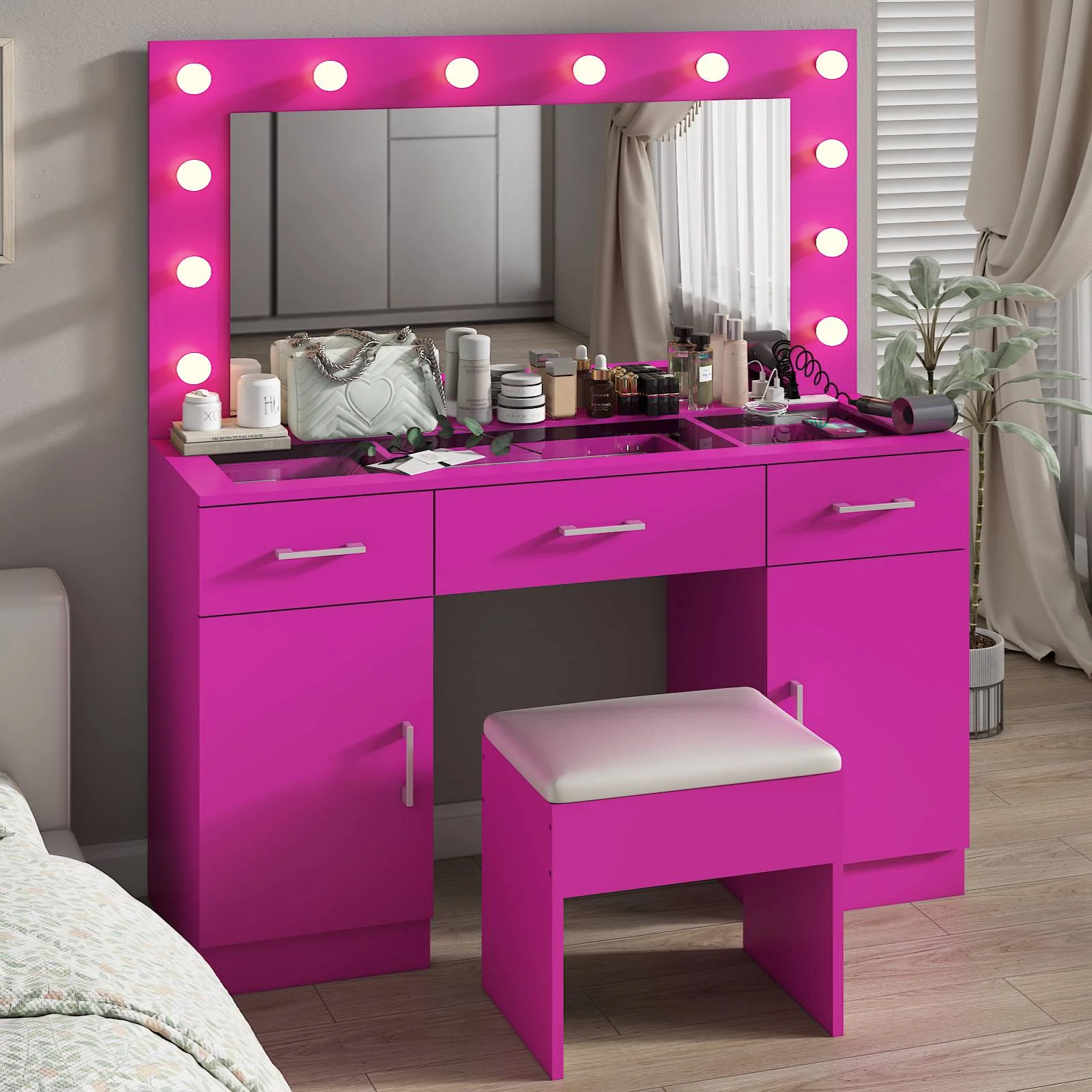 Ktaxon Large Makeup Vanity, Vanity Table Set w/ Visible Glass Top w/ Charging Station, White - Image 89