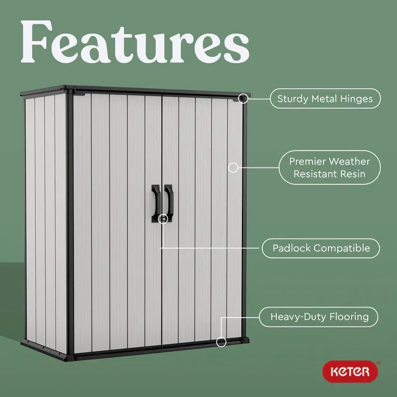 Keter Premier Vertical Outdoor Storage Shed With Floor, Lockable Double Doors, Grey - Image 3 Keter Premier Vertical Outdoor Storage Shed With Floor, Lockable Double Doors, Grey - Image 3