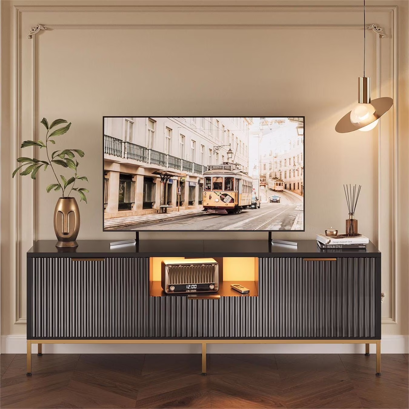 Bestier 55" LED TV Stand for TVs up to 60" Modern High Gloss Entertainment Center with Drawers Cabinets Fluted TV Console, White & Gold - Image 3