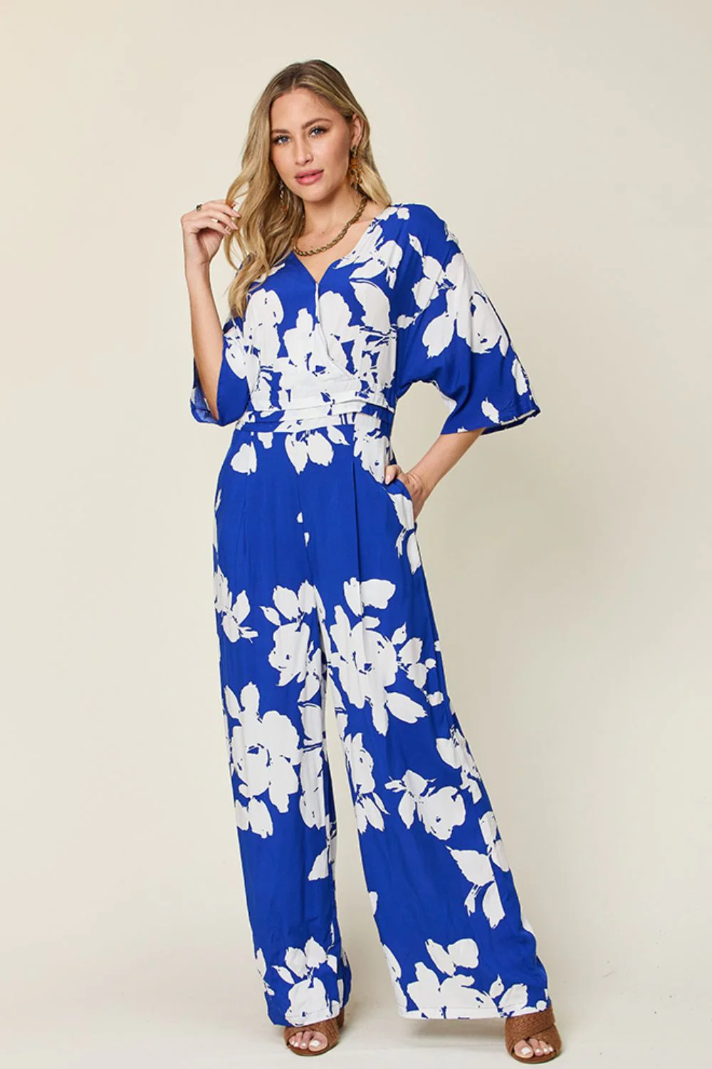 Double Take Full Size Printed Tie Back Wide Leg Jumpsuit - ZKZOOK