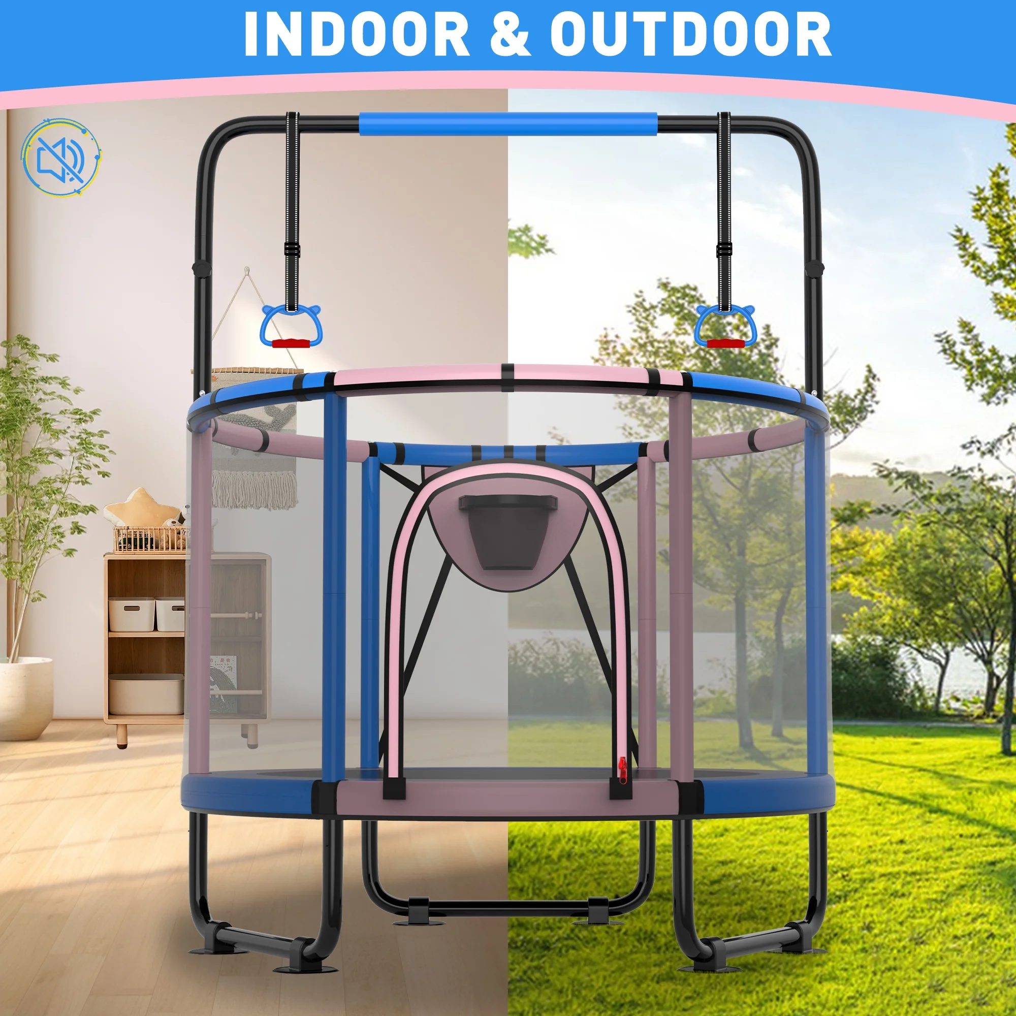 CITYLE Trampoline for Kids 600LBS 60'' 5FT Toddler Trampoline Indoor Outdoor with Basketball Hoop, Swing, Adjustable Bar, Mini Small Trampoline with Enclosure, Gifts for Toddlers, Boys & Girls - Image 20