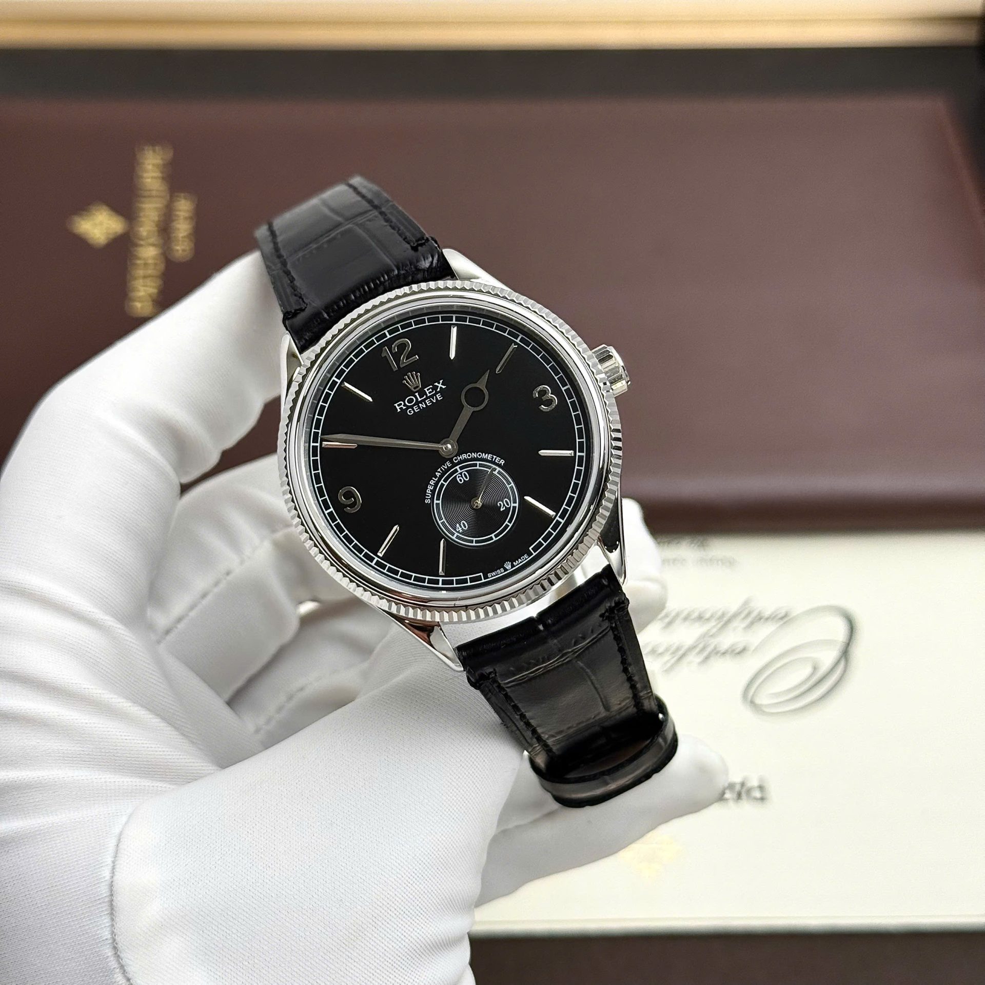 Rolex Perpetual 1908 Clone Watches Black Dial Leather Strap 39mm - Elite Watch Atelier