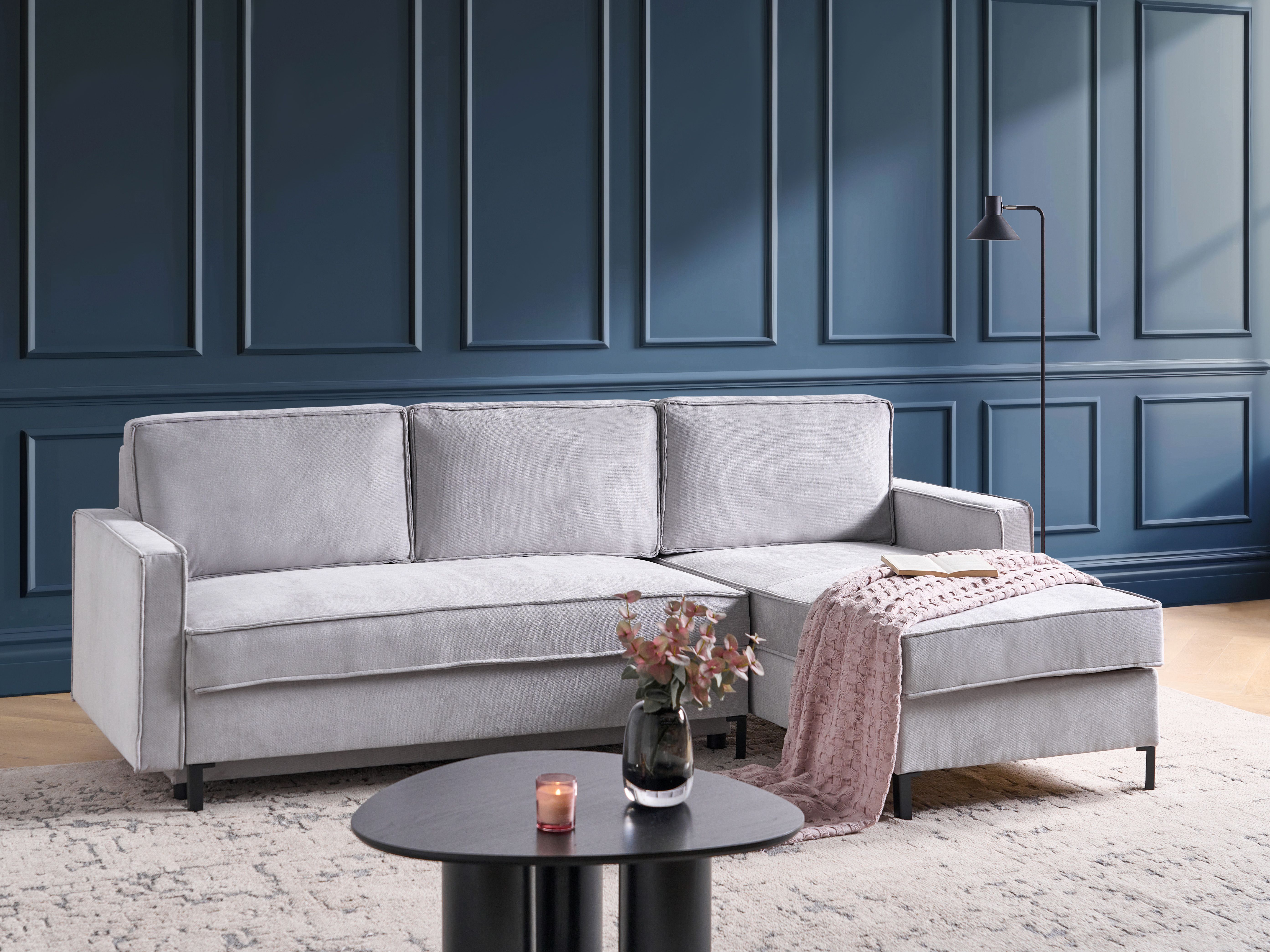 Corner Sofa Bed 3 Seater TEJN Fabric Light Grey with Storage Left Hand