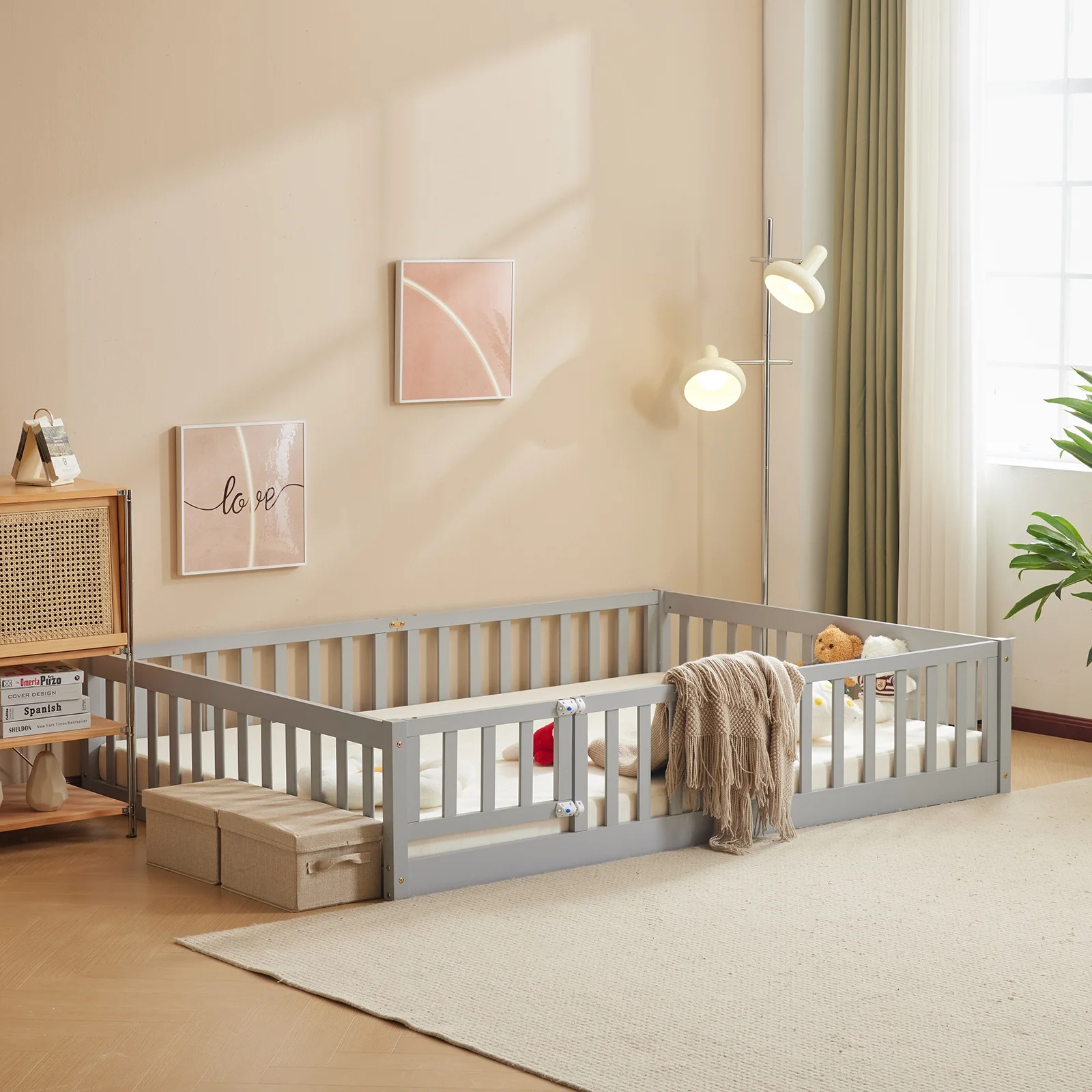 Zimtown Montessori Floor Bed Frame, Full Size Kids Toddler Bed with Fence and Door, Wooden Platform Bed, White - Image 20