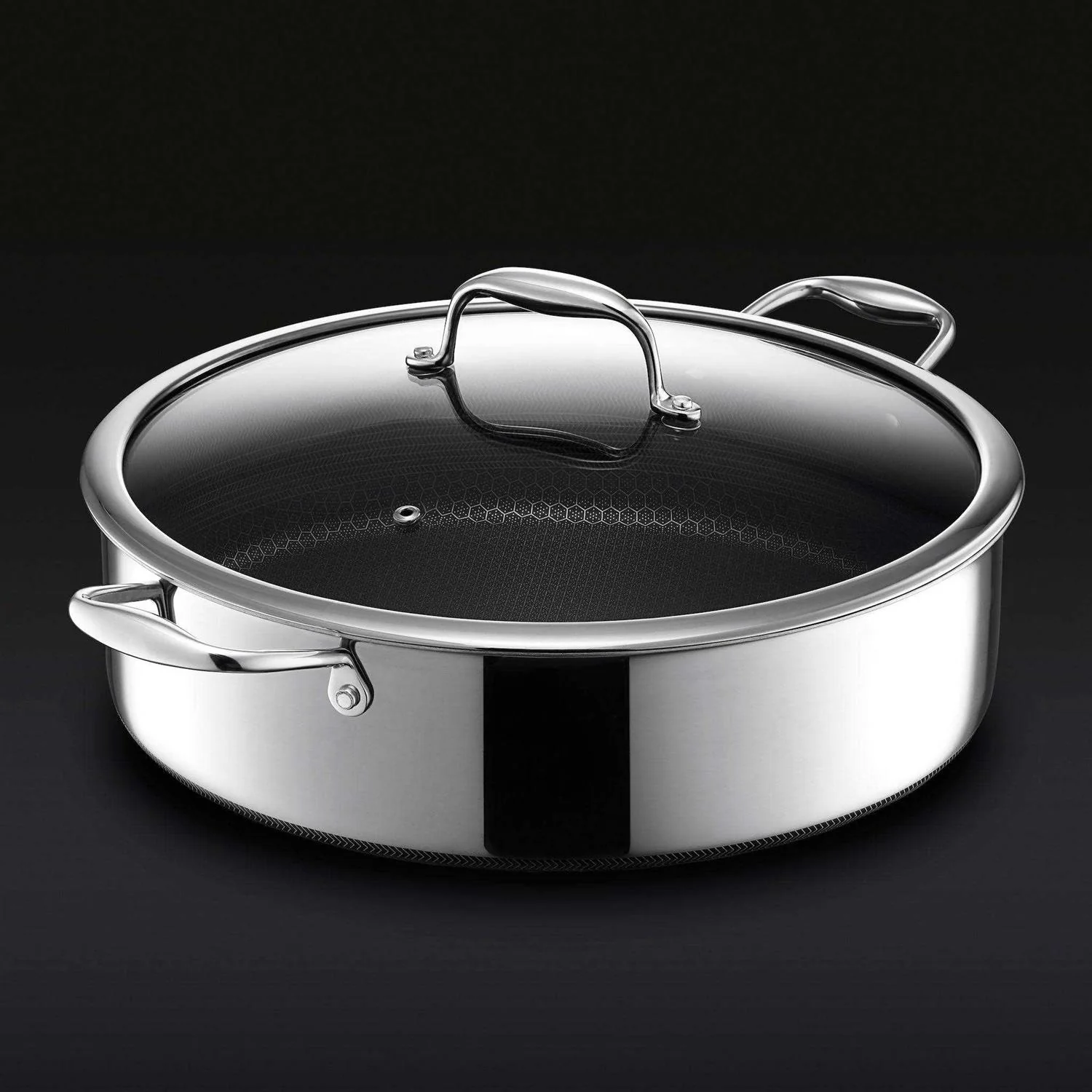 Hexclad Hybrid Stainless Steel 7 Quart Deep Saute Pan Fryer With Glass Lid