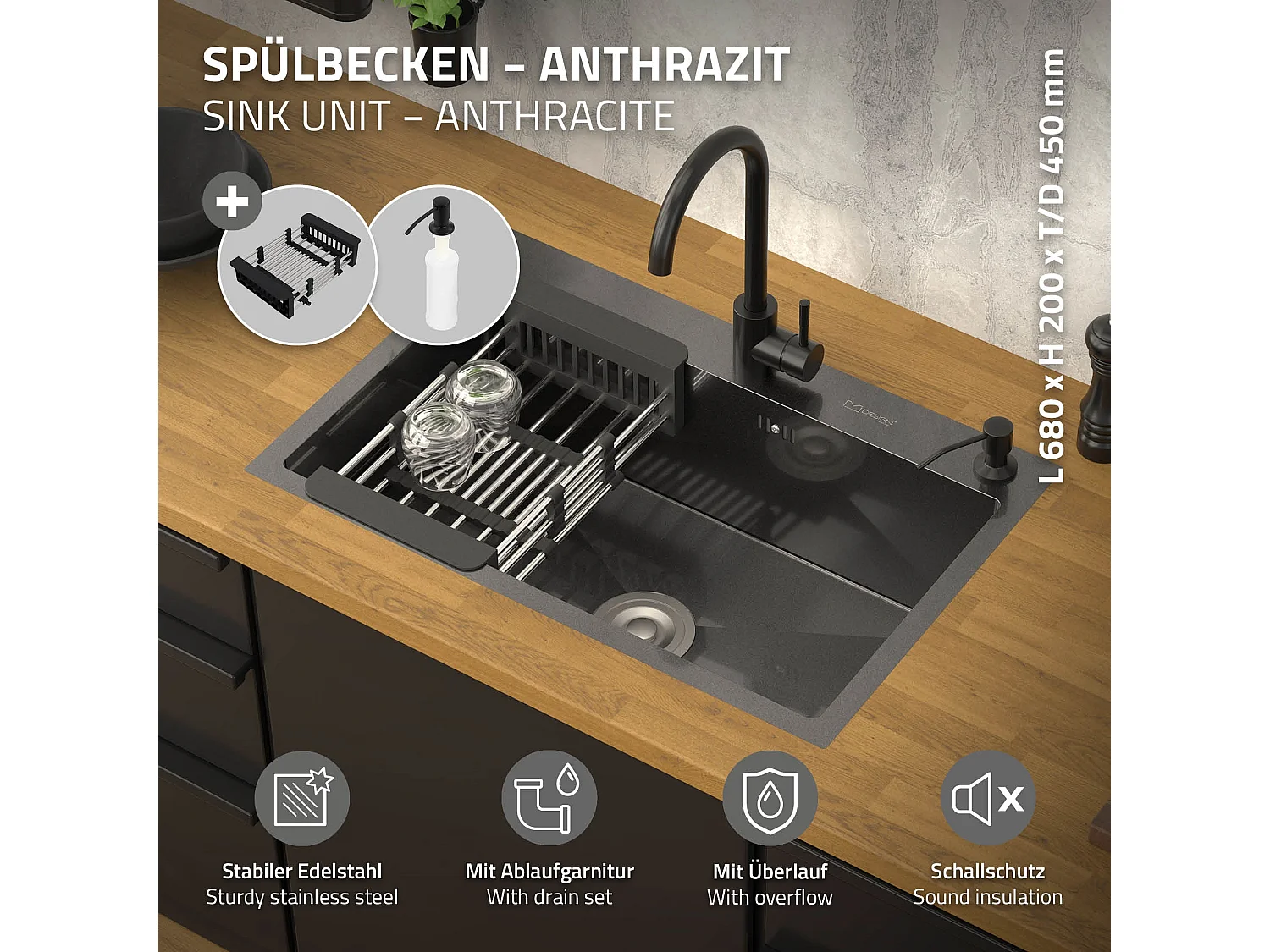 Évier à encastrer anthracite 68x45cm vidage distributeur savon+ panier-égouttoir