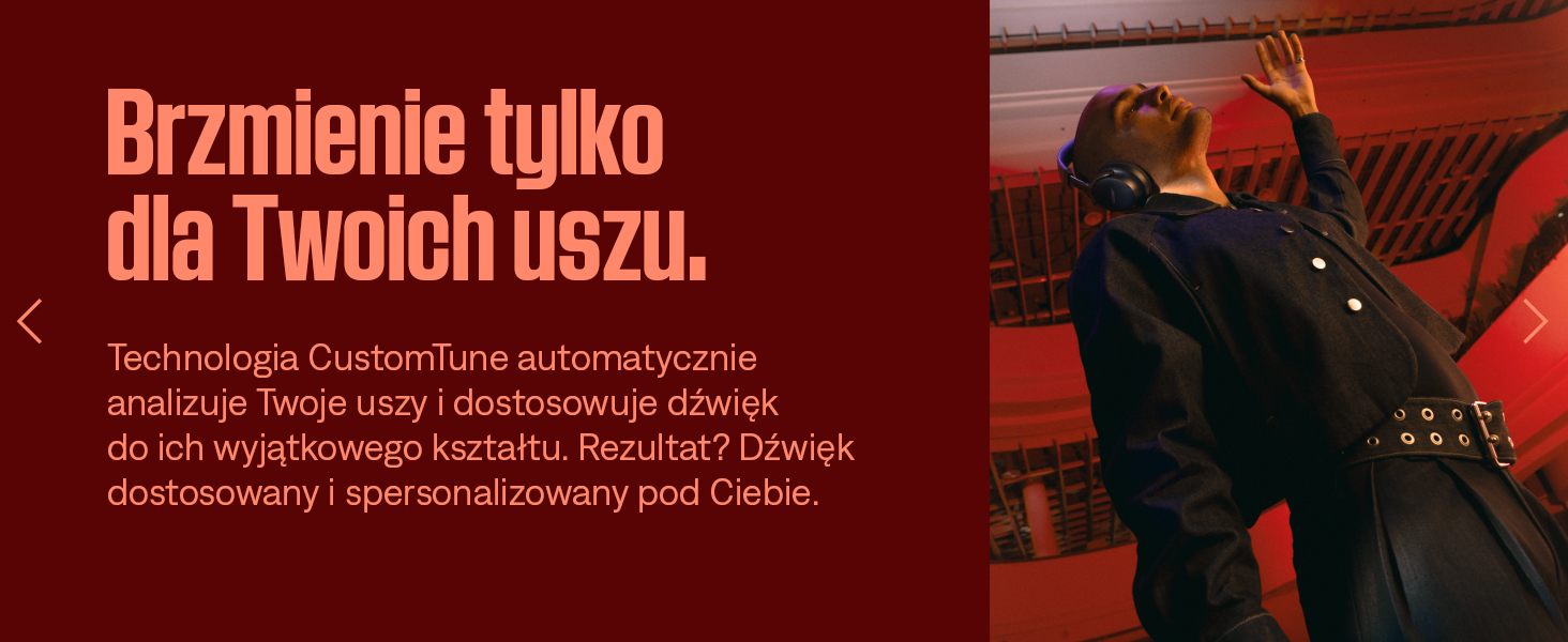 Tekst brzmi: „Brzmienie tylko dla Twoich uszu.” Ciemnoczerwony obraz promocyjny z informacjami technicznymi o produkcie w języku polskim.