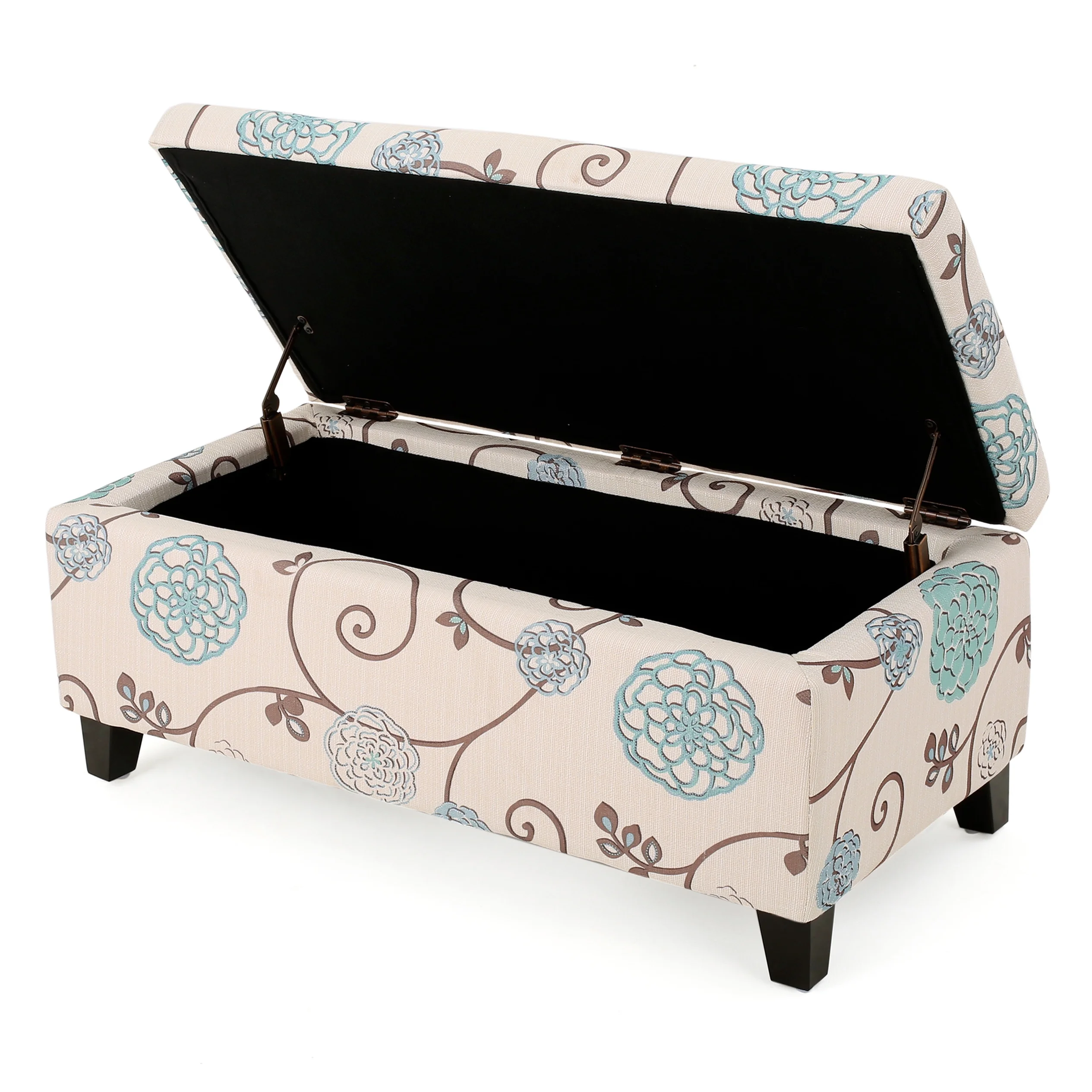 Noble House Hampton Contemporary Fabric Upholstered Storage Ottoman, White and Blue Floral - Image 2