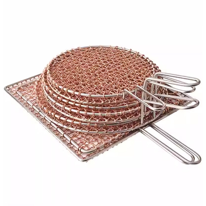 Indoor Restaurant Korean Round Copper Wire BBQ Grill Mesh With Handle