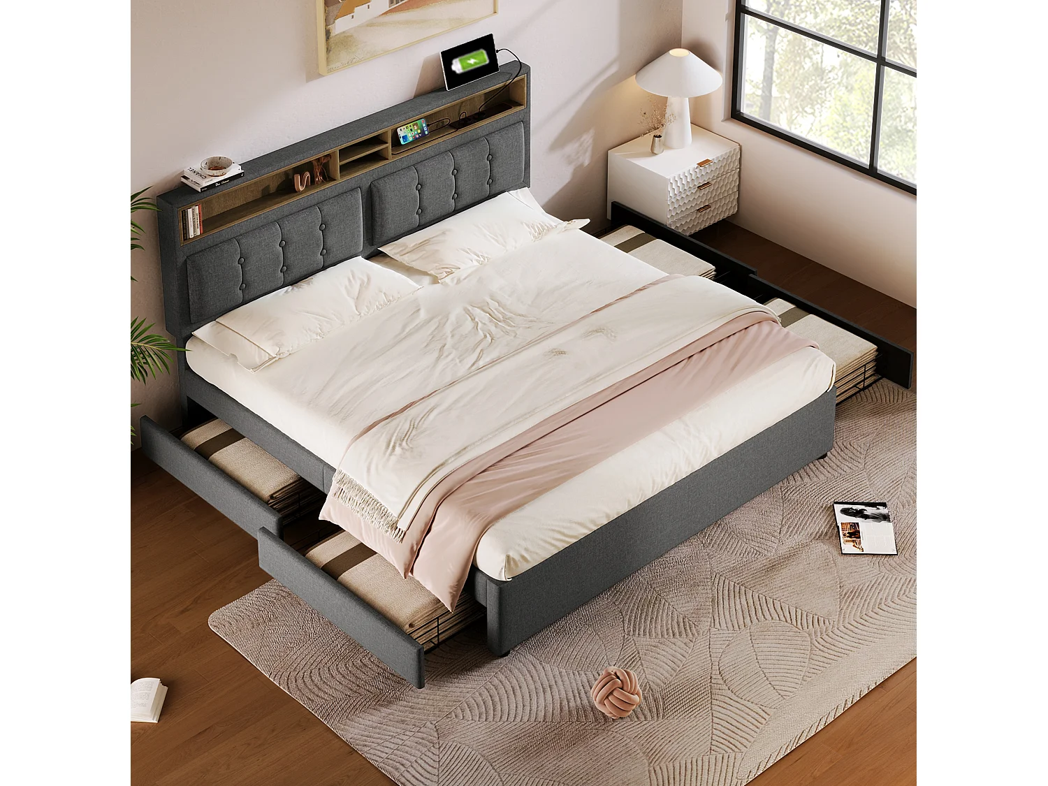 Lit adulte 160x200 cm avec 4 tiroirs et USB-C - tête de lit réglable(sans matelas)