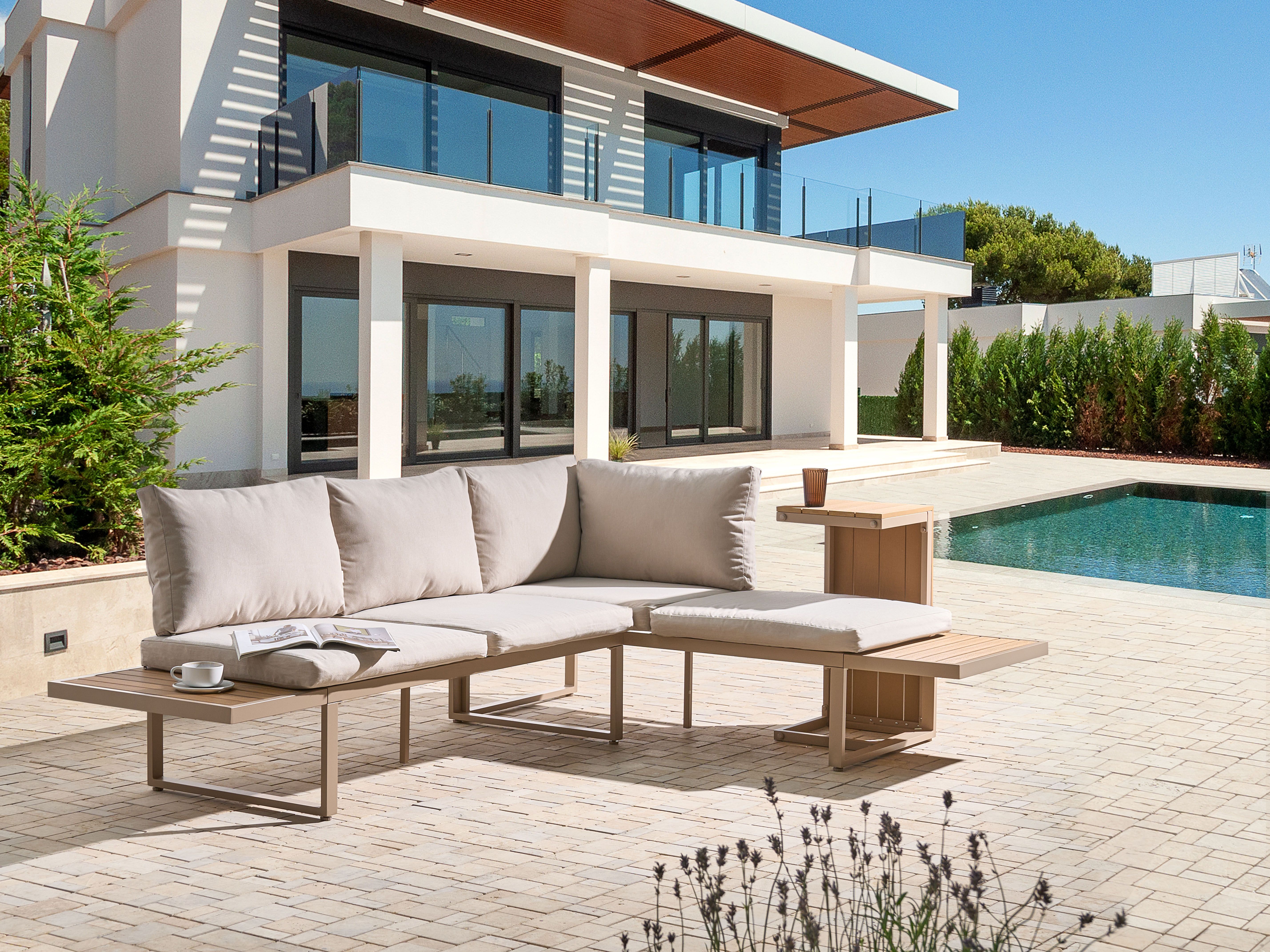 Garden Corner Sofa with Table 4 Seater PIENZA Left Hand Modular Light Brown/ Beige