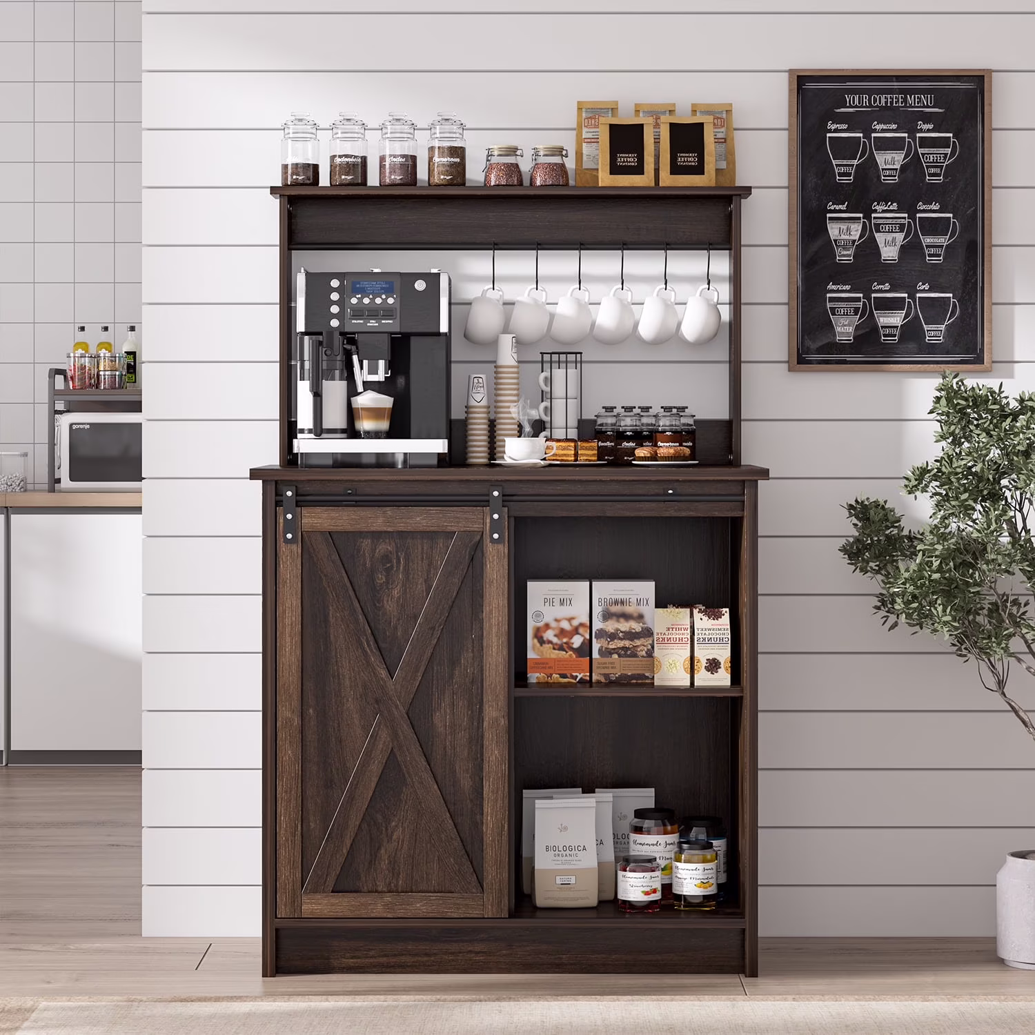 Catrimown Coffee Bar Cabinet, Barn Door Sideboard Buffet Cabinet with Storage, White - Image 3
