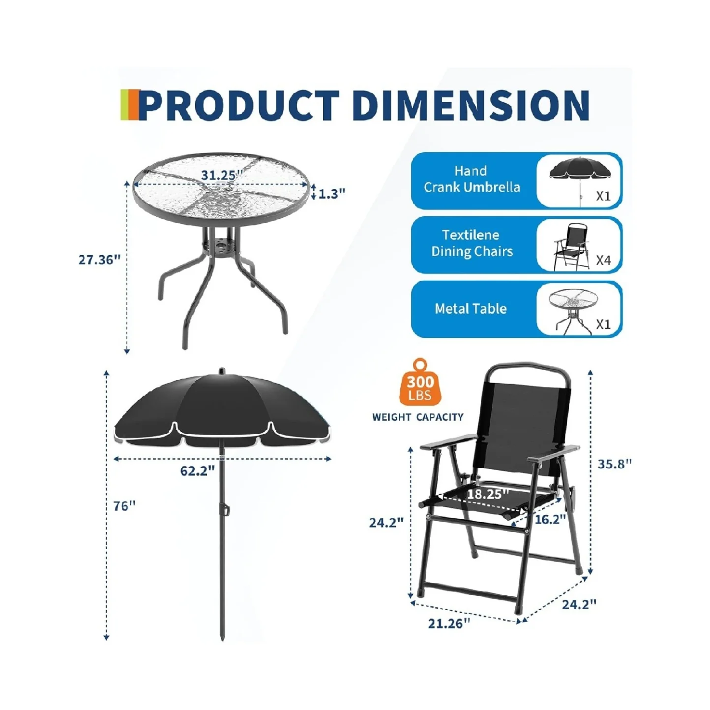 6 Pieces Outdoor Dining Set With Umbrella, Patio Table and 4 Folding Chairs With Umbrella, Garden Patio Furniture Set With Umbrellas, Tempered Glass Top Dining Table - Image 7