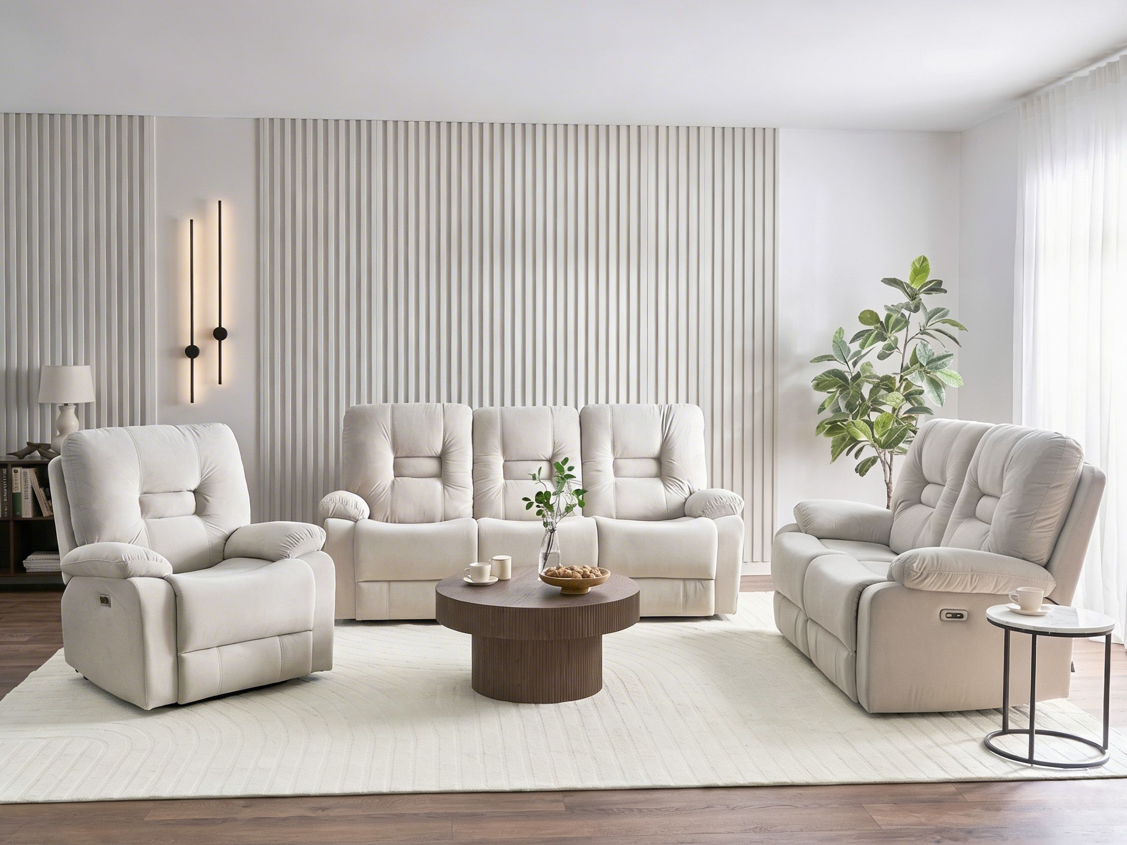 Electric Recliner Living Room Set 6 Seater BERGEN Velvet Light Beige with USB Port