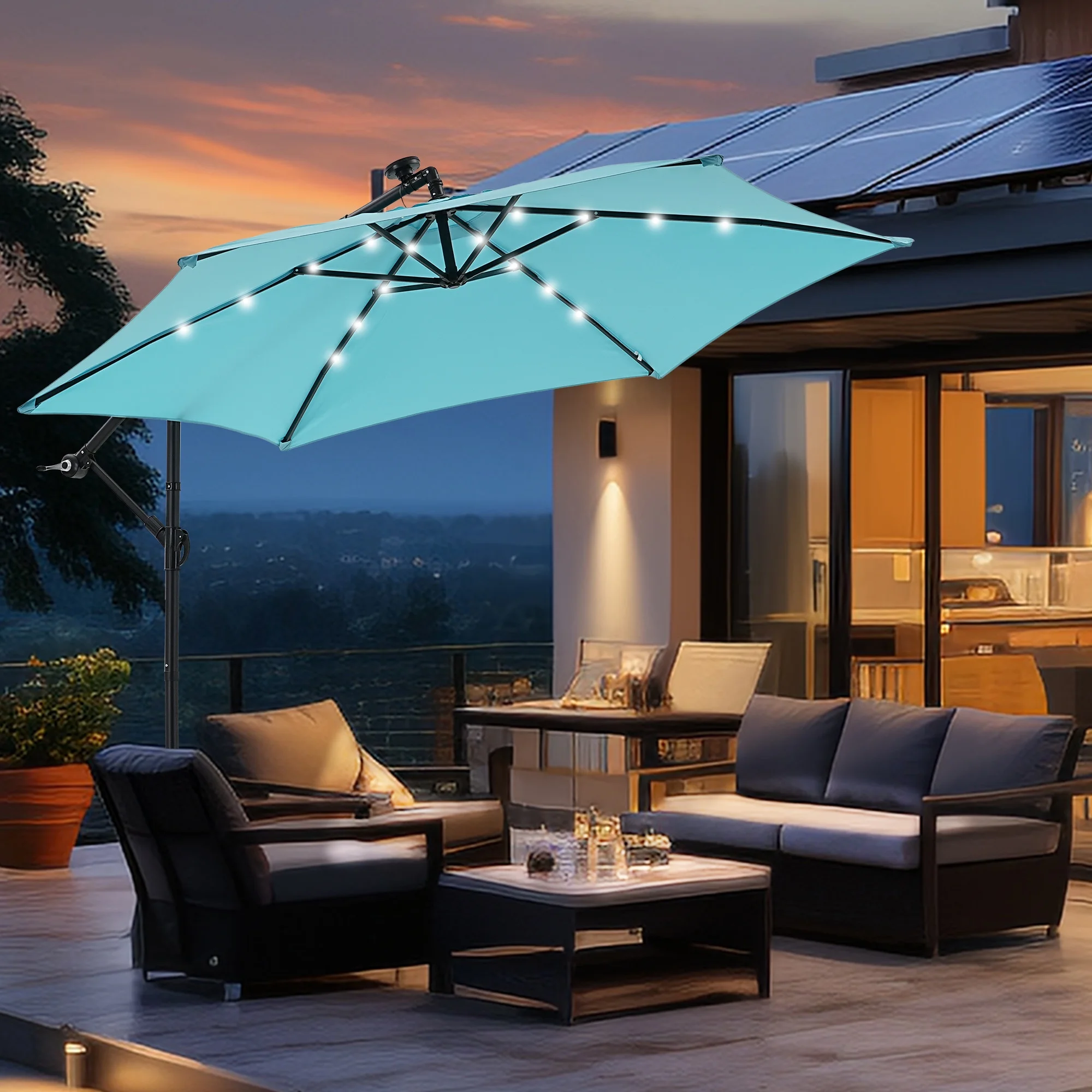 Ainfox 10ft Cantilever Patio Umbrella with Lights, Offset Market Umbrella with Sandbags Weighted Base and Cross Base,Khaki - Image 31