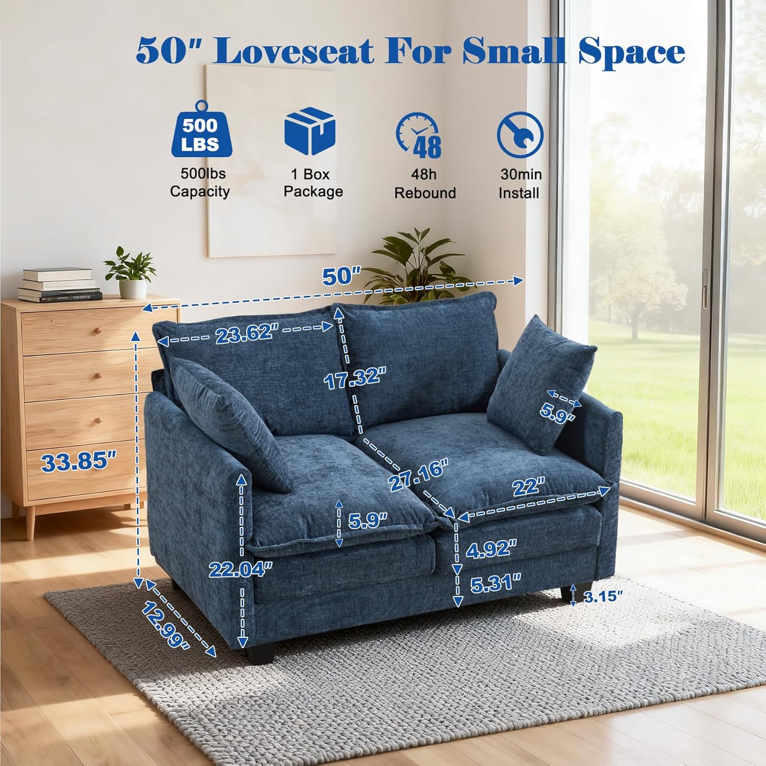 Loveseat Sofa Cloud Sofa Couch 50'', Modern Loveseats 2 Seat Couch 27