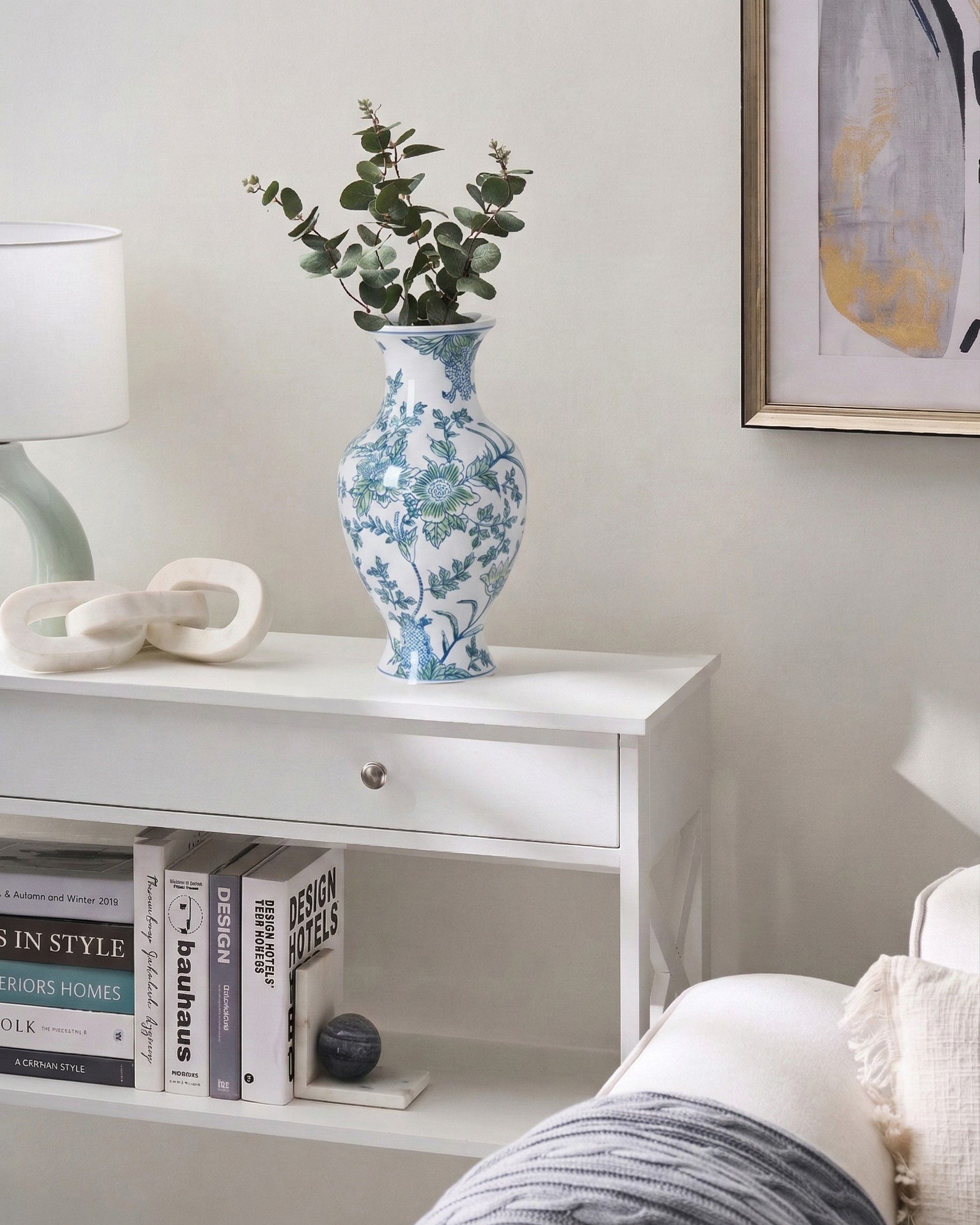Flower Vase LLANES Porcelain 36 cm White/ Blue