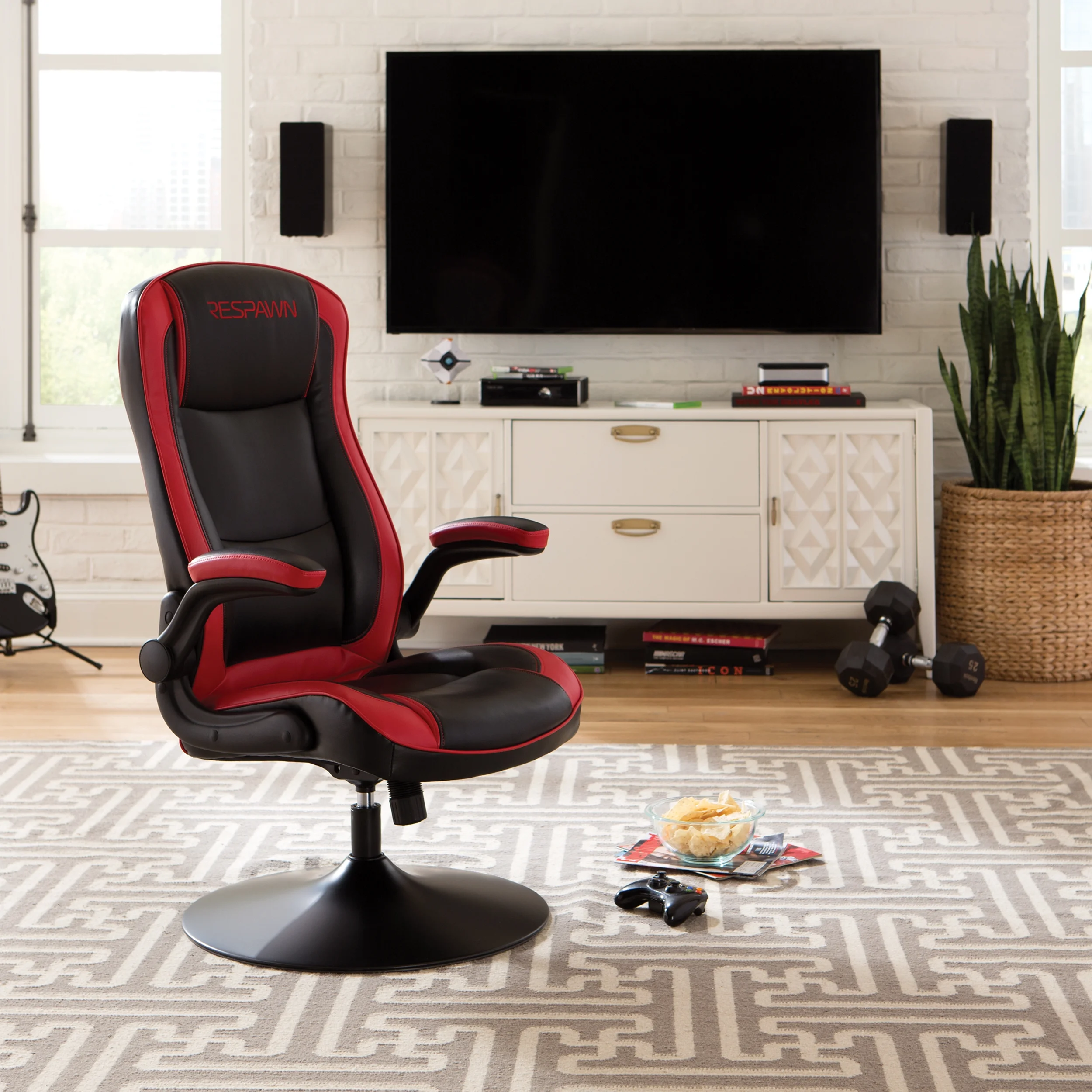 RESPAWN 800 Swivel Rocker Gaming Chair - Ergonomic Floor Gaming Seat with Lumbar Support, Flip Up Armrest, High Back, Pedestal Base, Comfortable No Wheels Console Video Game Rocker Chair - Red - Image 12