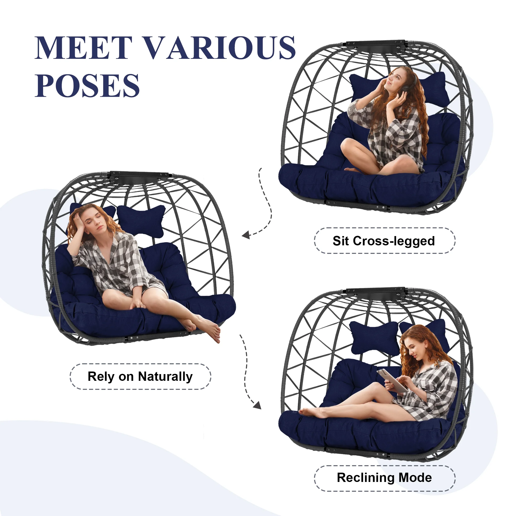RADIATA Double Wicker Egg Swing Chair with Stand, 2-Person Hanging Egg Chair for Indoor/Outdoor, 700lbs Capacity, Thick Cushions & Headrest,Sturdy Metal Frame��Dark Gray - Image 14