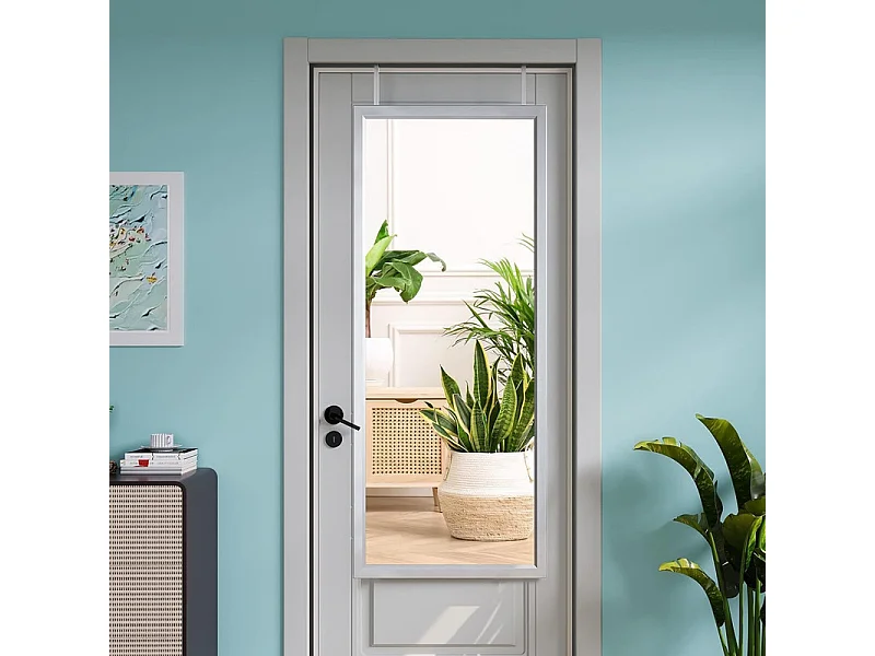 Miroir Porte Mural Suspendu 110x33cm,Miroir Pleine Longueur en Verre Trempé avec 2 Crochets de Suspension pour Porte,Hauteur Réglable - Blanc