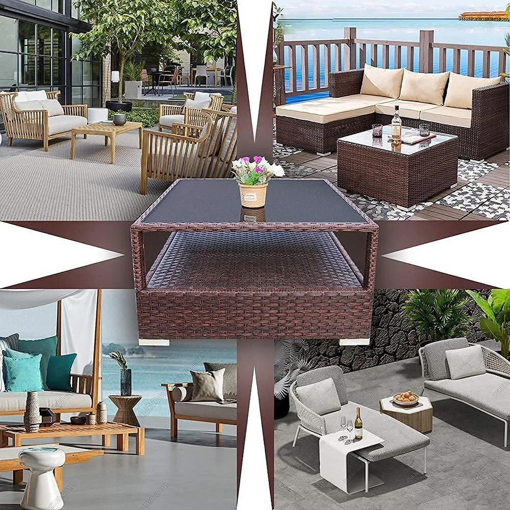 DIMAR GARDEN Outdoor Wicker Coffee Table with Glass top and Storage, Mixed Brown