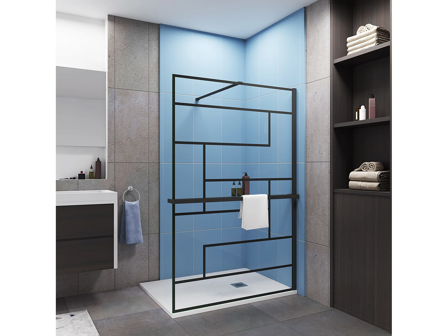 Paroi de douche fixe Noir 140 x 200cm - 8mm verre anticalcaire Style moderne + Étagère de Douche 140cm + barre de fixation 140cm