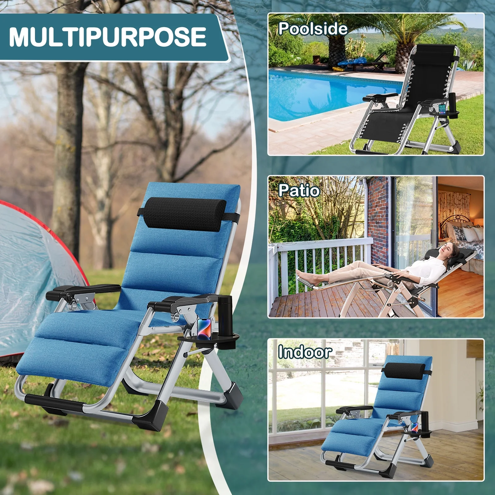 NAIZEA Zero Gravity Chair with Removable Cushion and Cup Holder Black - Image 24