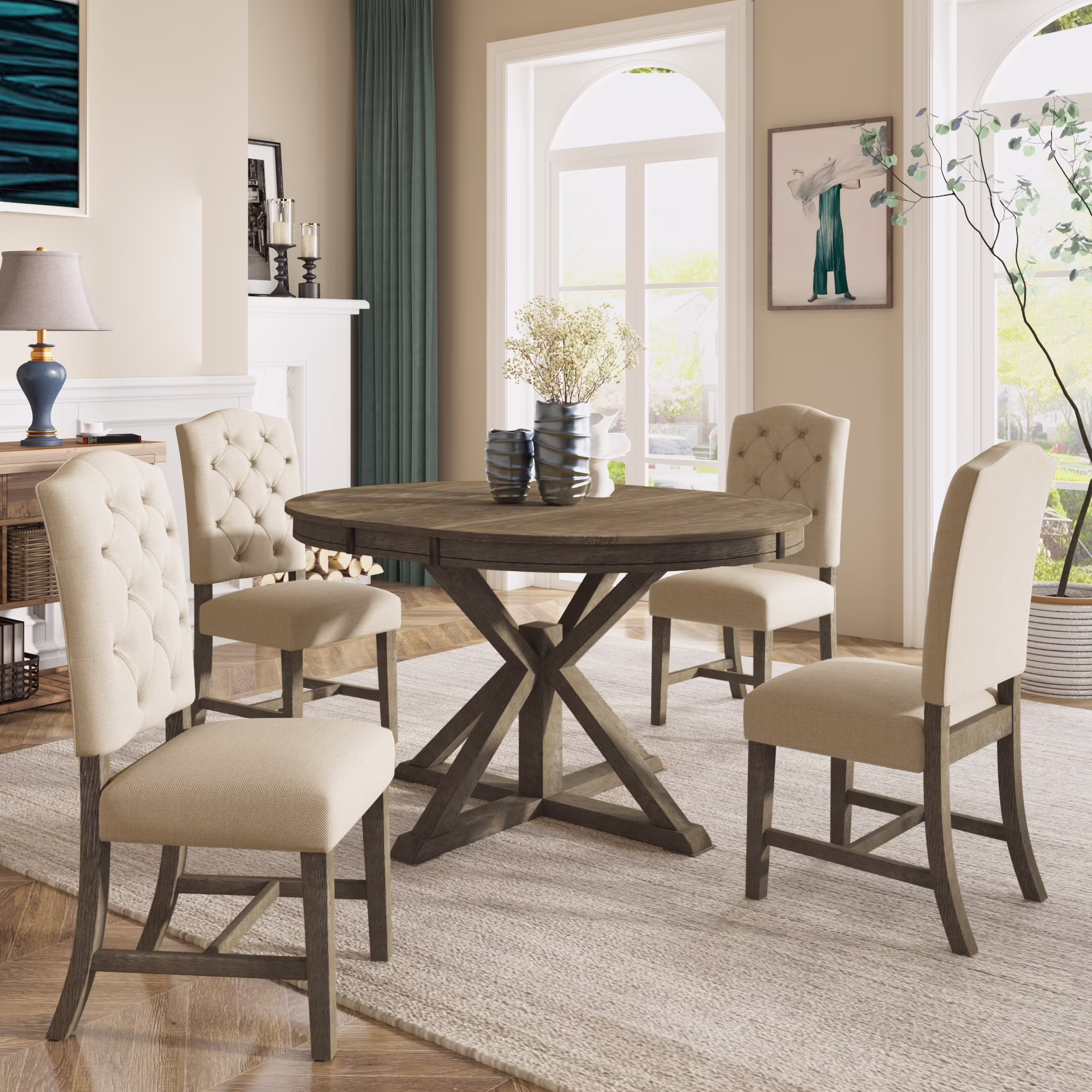 Besthome Farmhouse Extendable Round Kitchen Dining Room Table Set with Upholstered Chairs of 4, 5 Piece Round Dining Table Set with Extendable Table, Espresso - Image 3