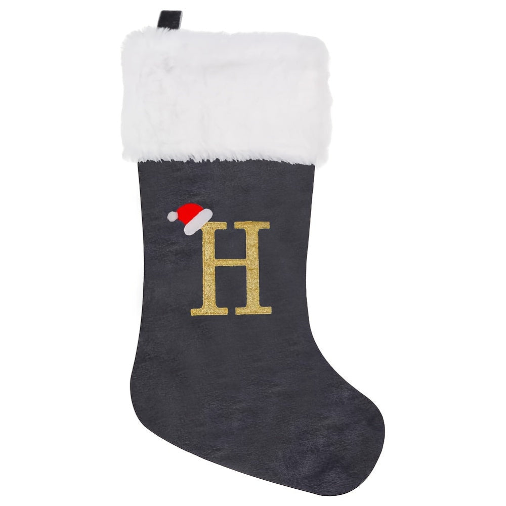 Gepersonaliseerde Fluwelen Kerstsok met Monogram – Modern Grijs Ontwerp