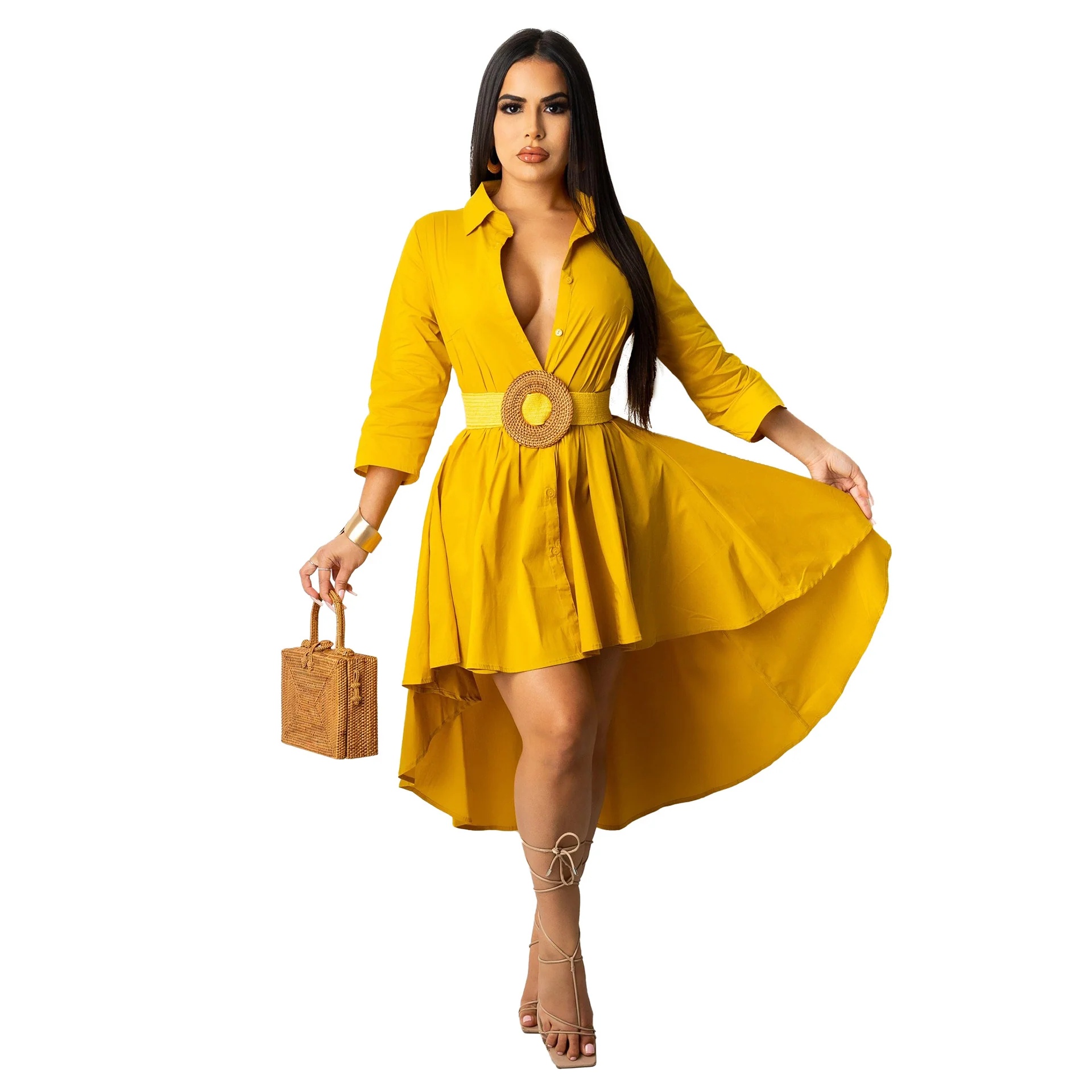 Autumn Winter Irregular Asymmetric Half Sleeve Long Shirt Dress - AZJHJ