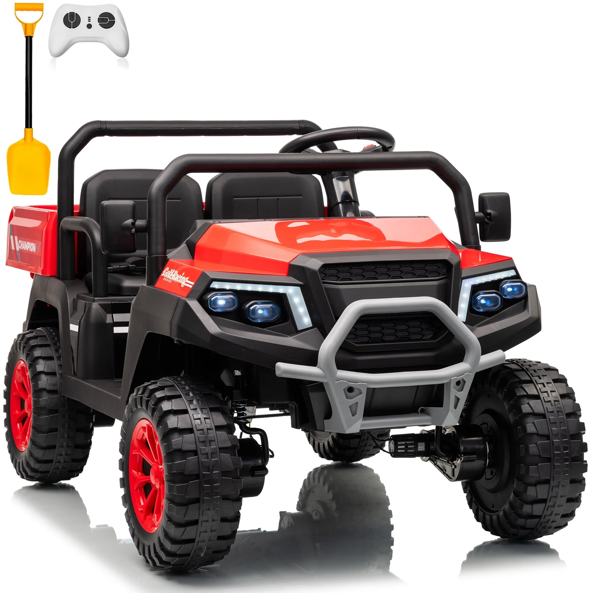 Joyracer 4WD 24 Volt Ride on Toys UTV with 2 Seater & Remote Control, Kids Electric Golf Cart w/ 4x200W Power Motors, Tiltable Trailer & Shovel, 4 Wheels Spring Suspension, Bluetooth USB Music, Black - Image 35