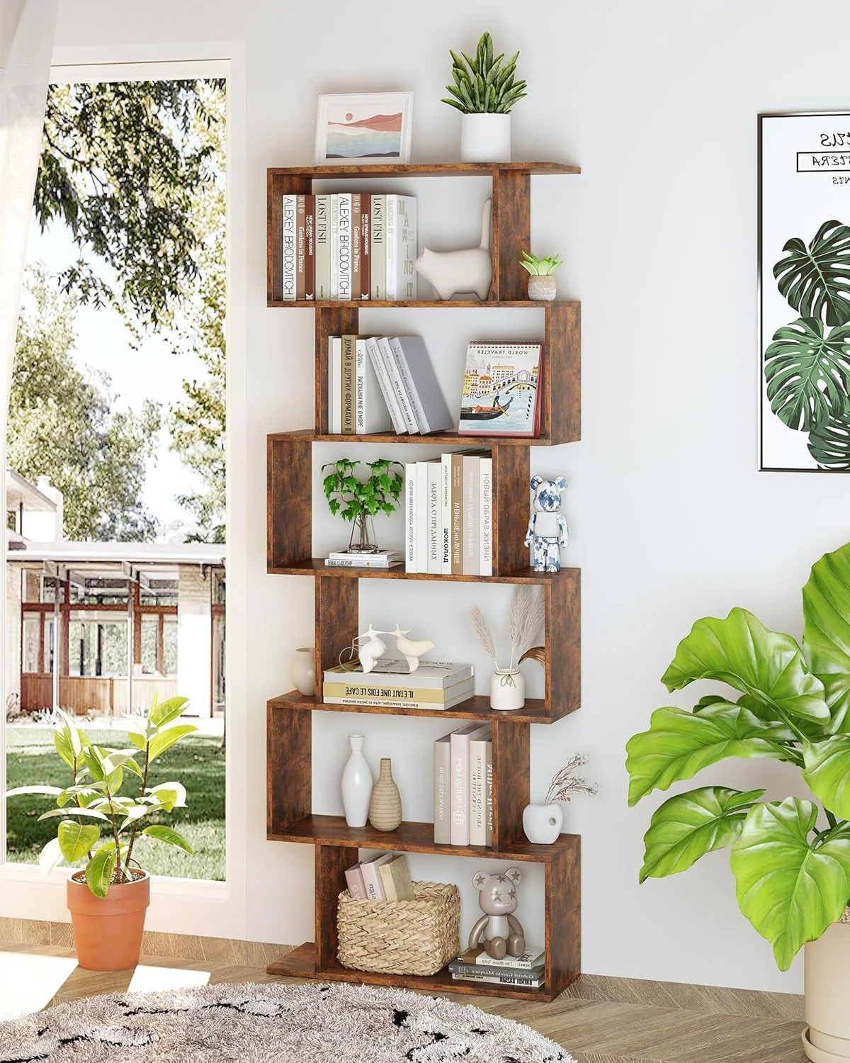 Geometric Bookcase, Bookshelf 6-Tier S Shaped Book Shelves For Bedroom, Modern Wood Decorative Display Shelf Tall Book Case For Home Office, Rustic Brown