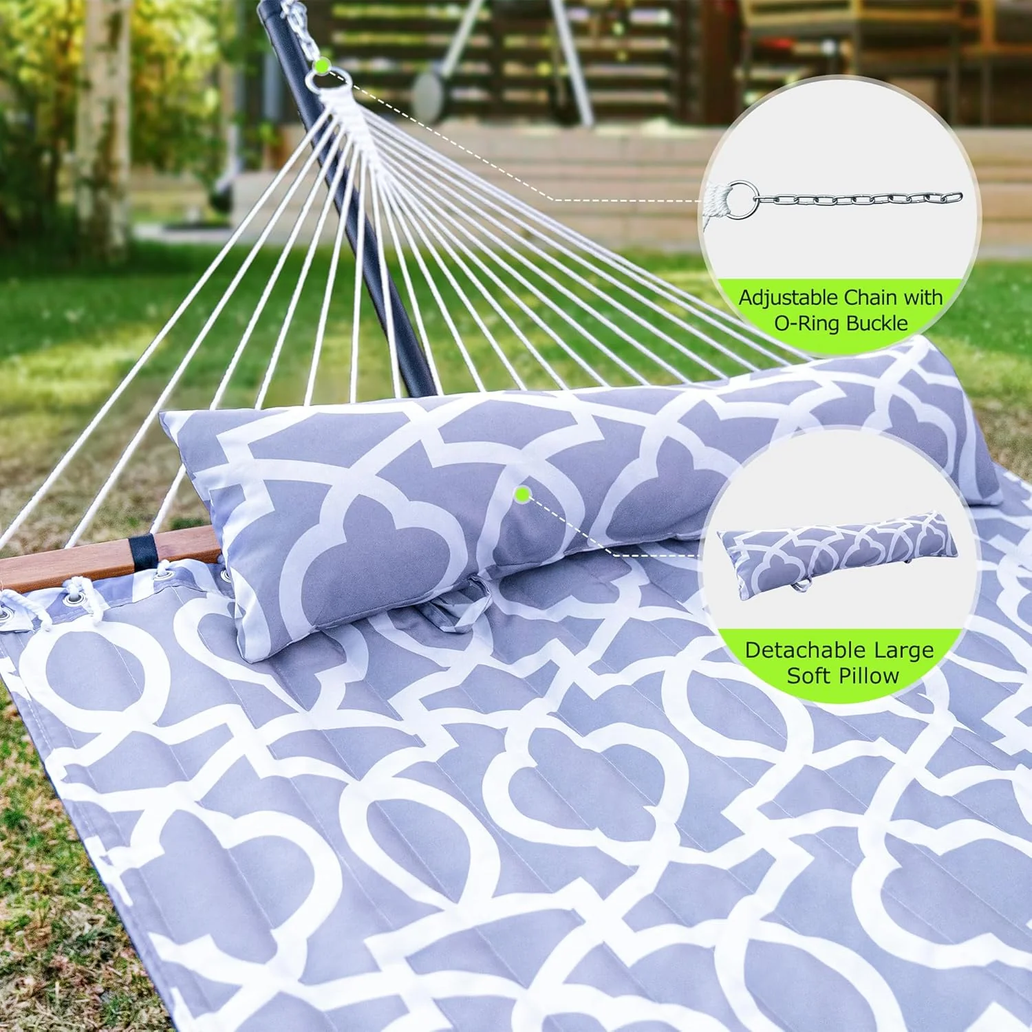 Double Outdoor Hammock With Adjustable Steel Stand, 500 LBS Capacity, Carrying Bag, White Grey - Image 4 Double Outdoor Hammock With Adjustable Steel Stand, 500 LBS Capacity, Carrying Bag, White Grey - Image 4