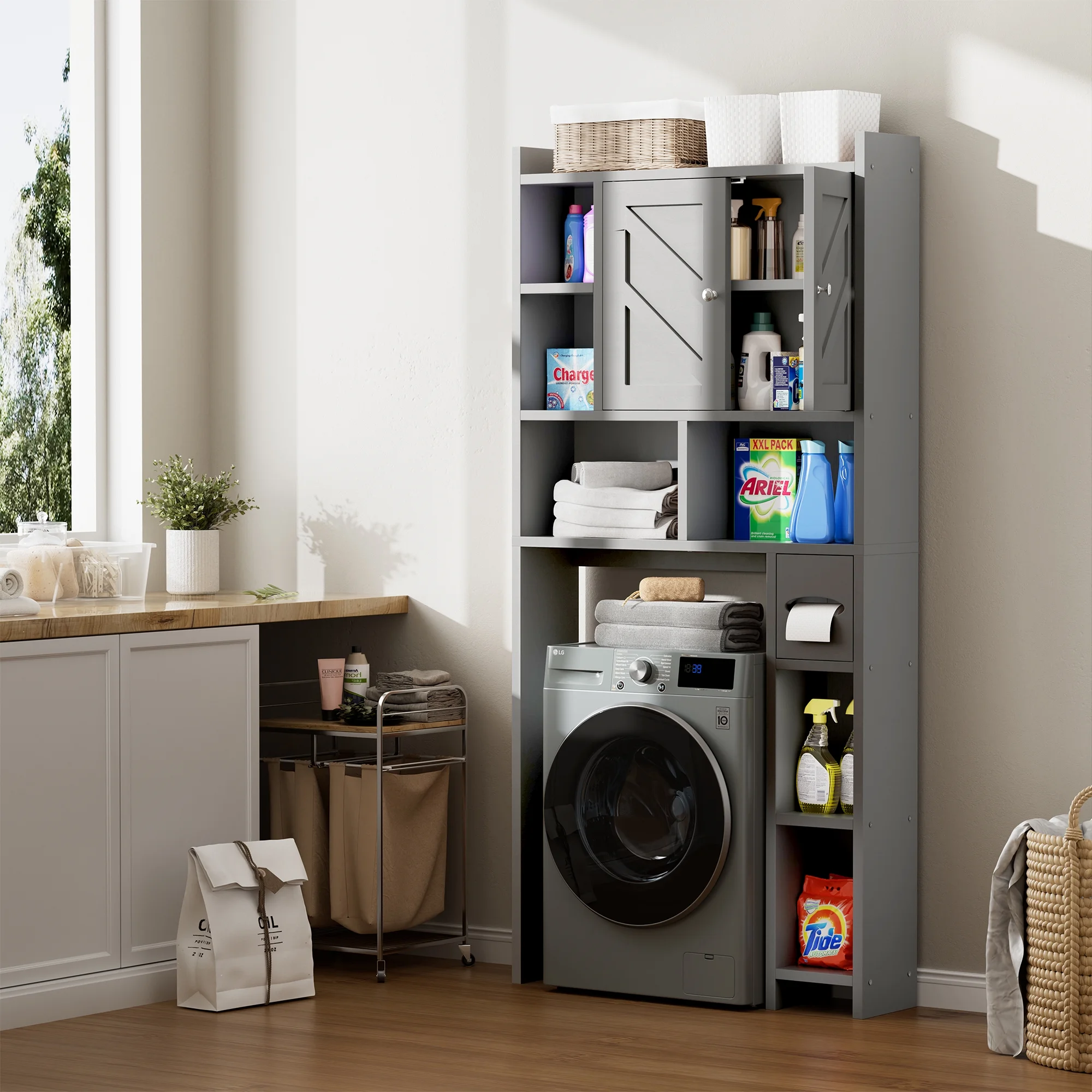 Walsunny Over the Toilet Storage Cabinets with Doors Side Shelves Toilet Paper Holder Stand Organizer Shelf Rack Space Saver above behind Toilet Freestanding for Bathroom Restroom Laundry Gray
