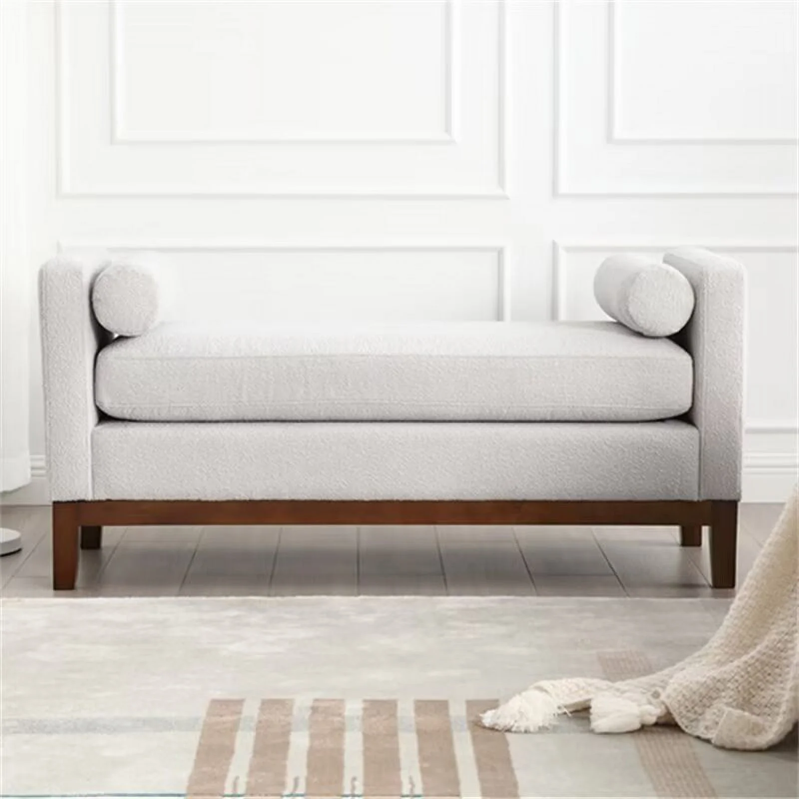 End of Bed Bench, 53.5" Boucle Fabric Upholstered Entryway Bench with Wood Legs & Bolster Pillows, Rolled Arm Cushioned Ottoman Foot Rest Long Stool Window Extra Seating for Bedroom, Ivory - Image 12